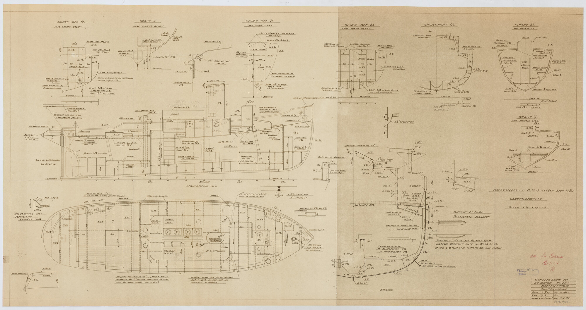 2005.1907; Constructieplan van een motorsleepboot; technische tekening