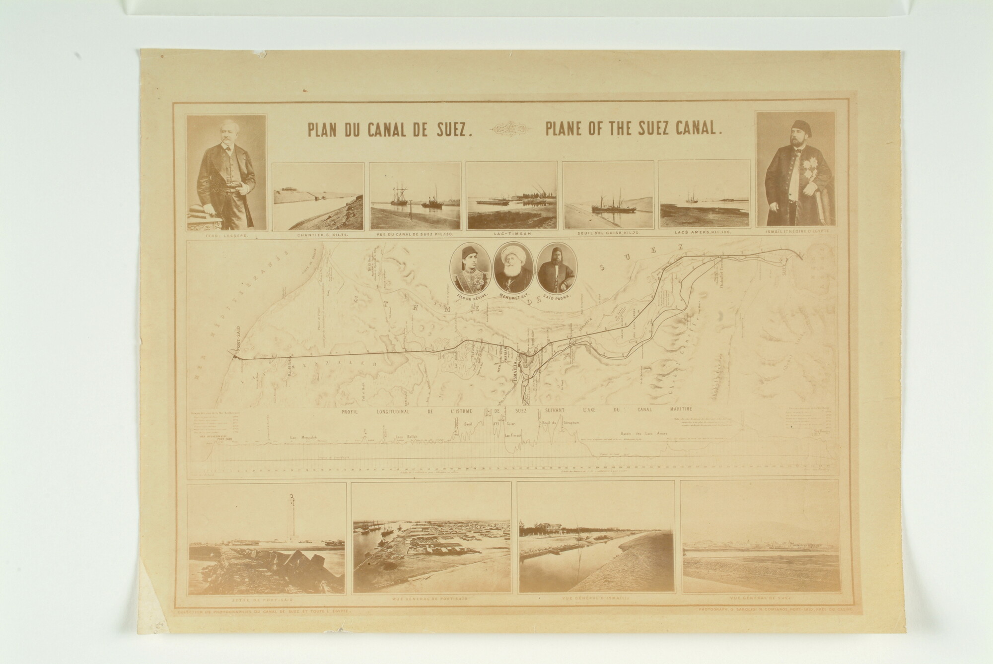 S.1416(09); Afbeelding van een landkaart van het traject van het Suezkanaal met portretten van de initiatiefnemers; foto