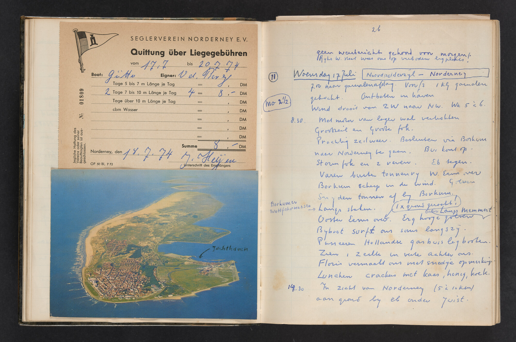 2017.0802; Logboek c.q. fotoalbum van reizen met zeeschouw Grutto (II) in Nederland, Duitsland en Denemarken, 1973-1974; logboek