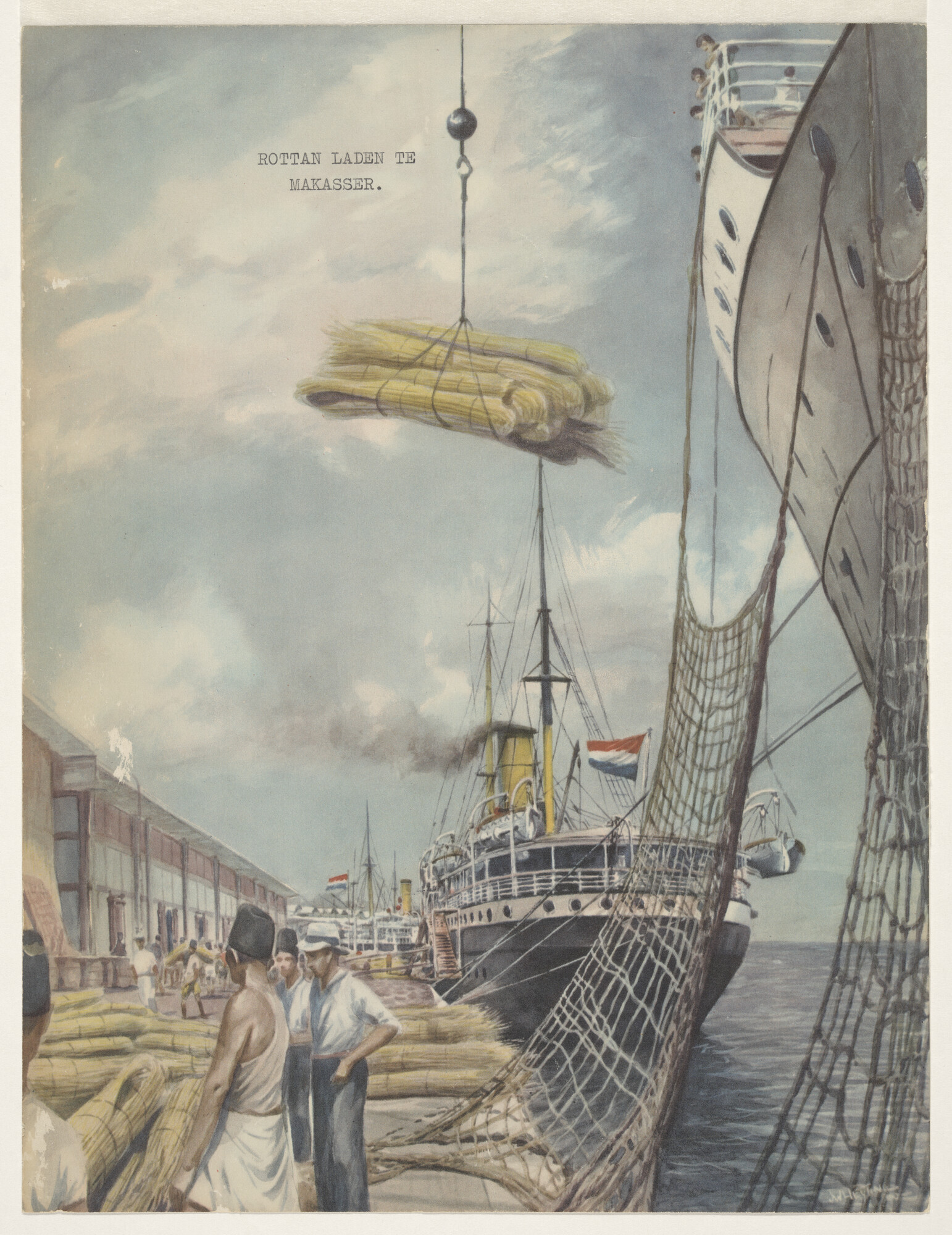 1998.1805; 'Rottan laden te Makasser.' Schepen van de KPM aan de kade te Makassar [...]; prent