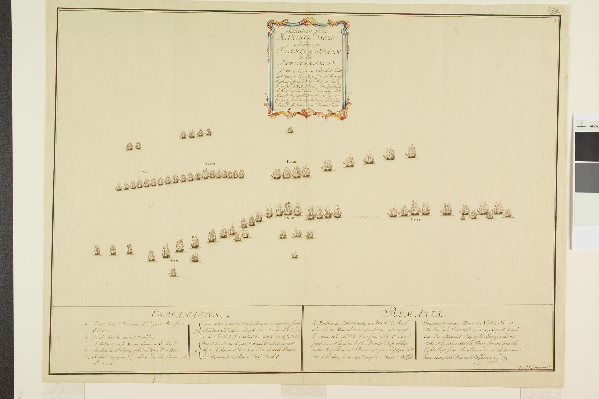 S.0597(01)2; Tekening van de zeeslag tussen de Engelse vloot en de gecombineerde Franse en Spaanse vloten bij Toulon, 1744; tekening