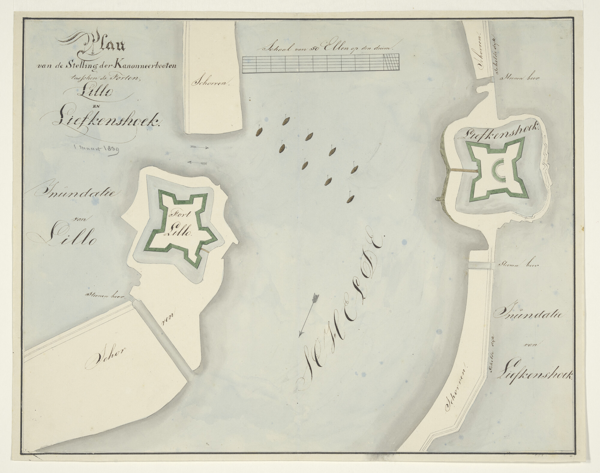 S.1277(03)6x; Manuscriptkaart met de positie van de kanonneerboten tussen Fort Lillo en Liefkenshoek; tekening
