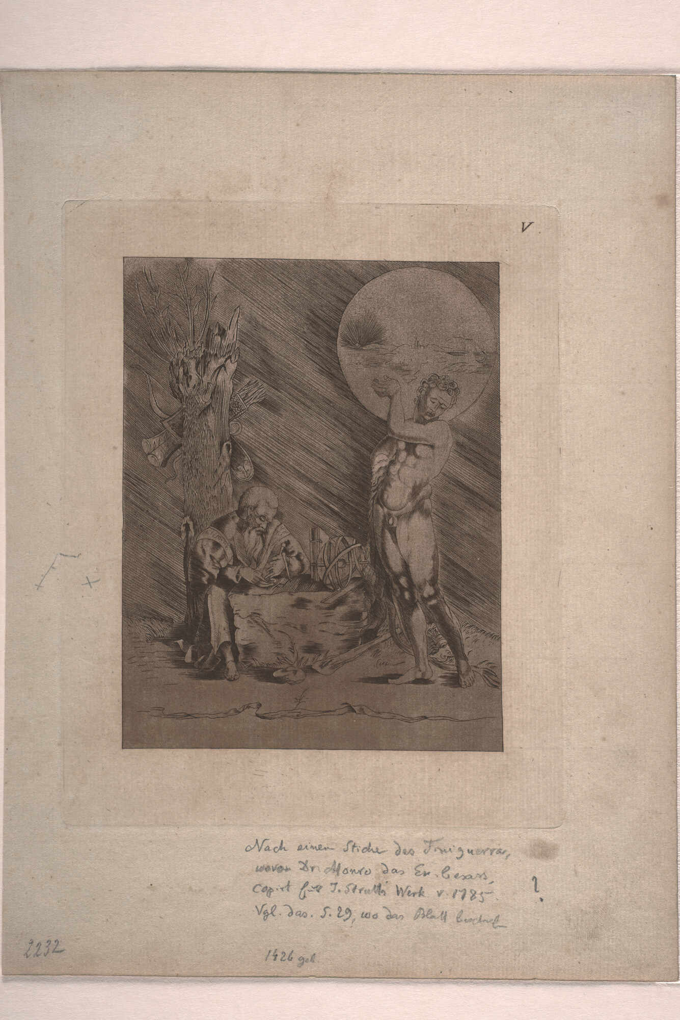 A.0075(193); Afbeelding van een geleerde, met rechts een naakte figuur; prent