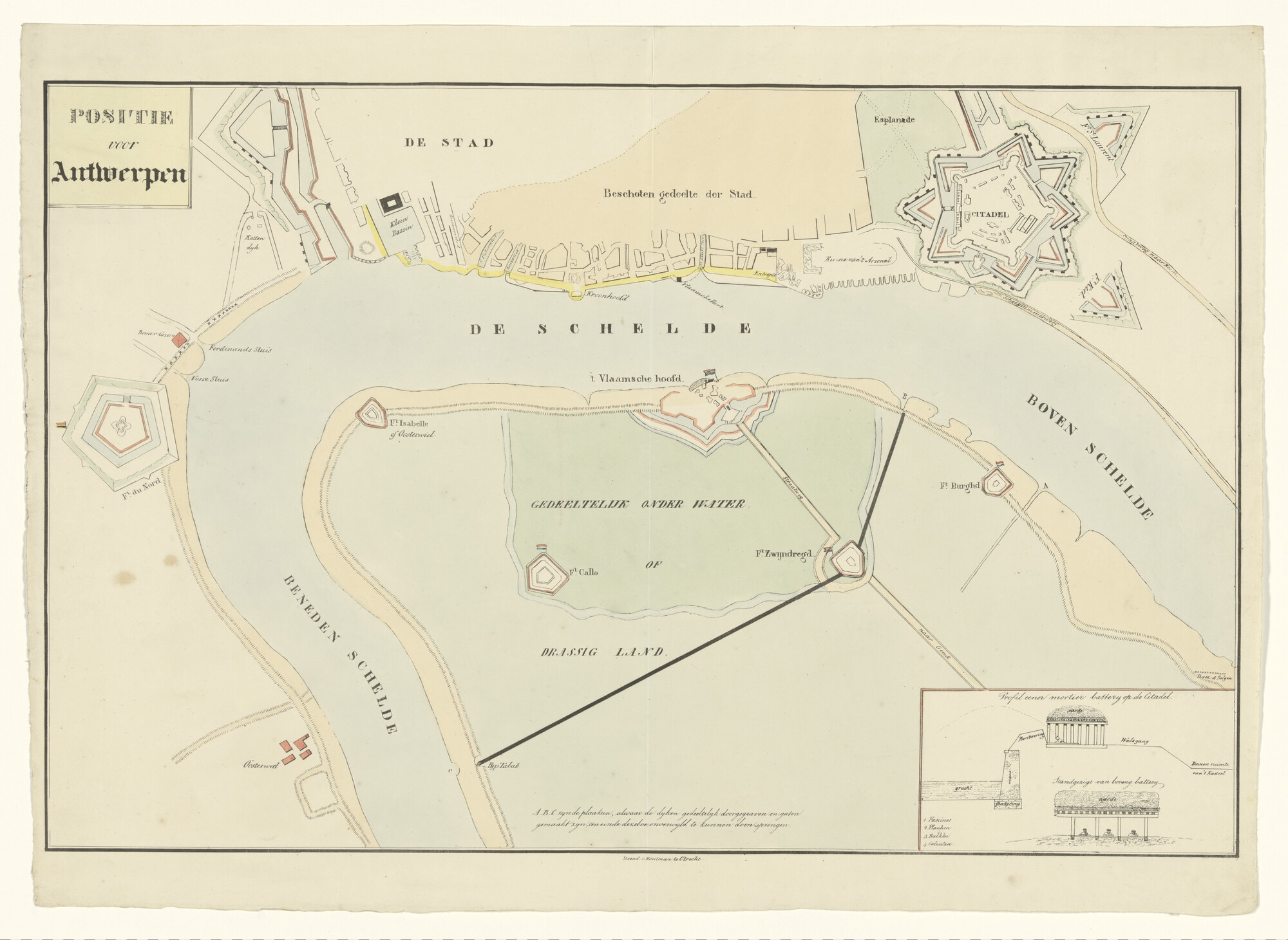S.0577(03); Kaart, gekleurde litho, van de positie der verdedigingswerken voor Antwerpen; landkaart