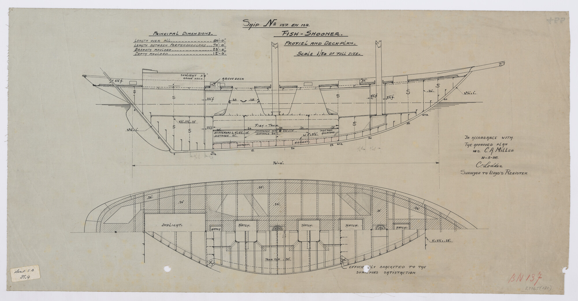 S.4765(121); Profiel- en dekplan van de tweemast vissersschoeners 'Don Julian' en 'La Macina'; technische tekening