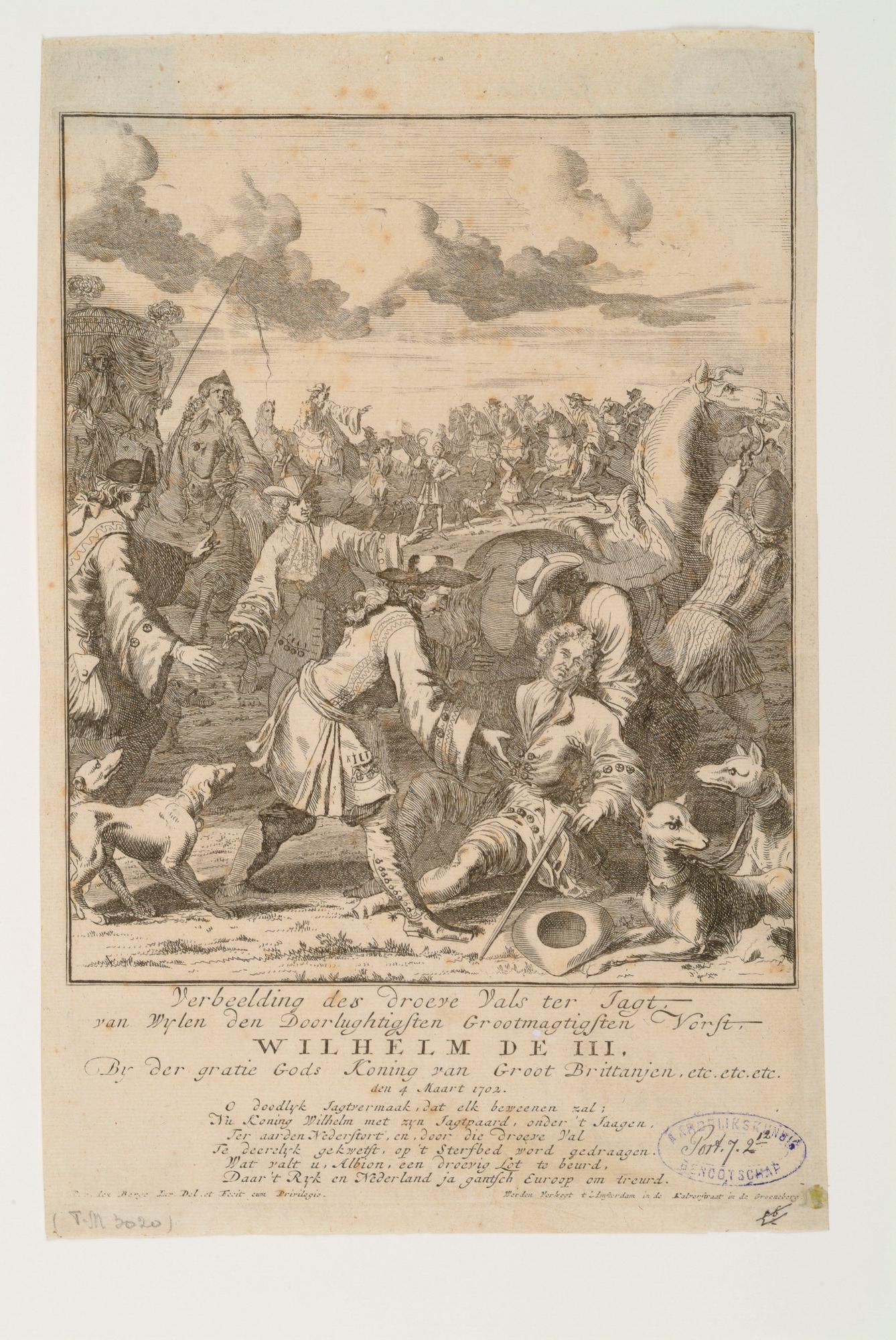 S.1804 [nr 0001]; Dodelijke val van stadhouder-koning Willem III tijdens een jachtpartij; prent