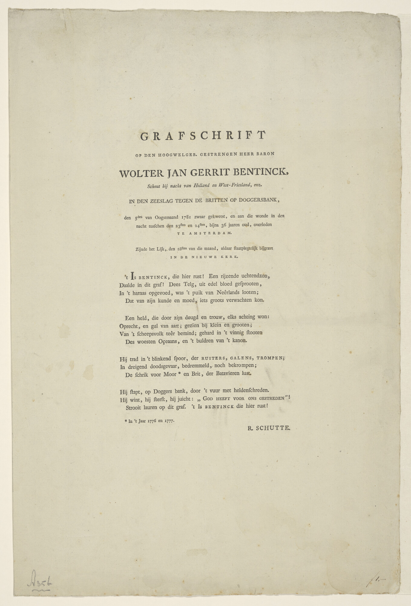 A.0356(27)3; Grafschrift op Schout-bij-Nacht Wolter Jan Gerrit Baron Bentinck; tekst
