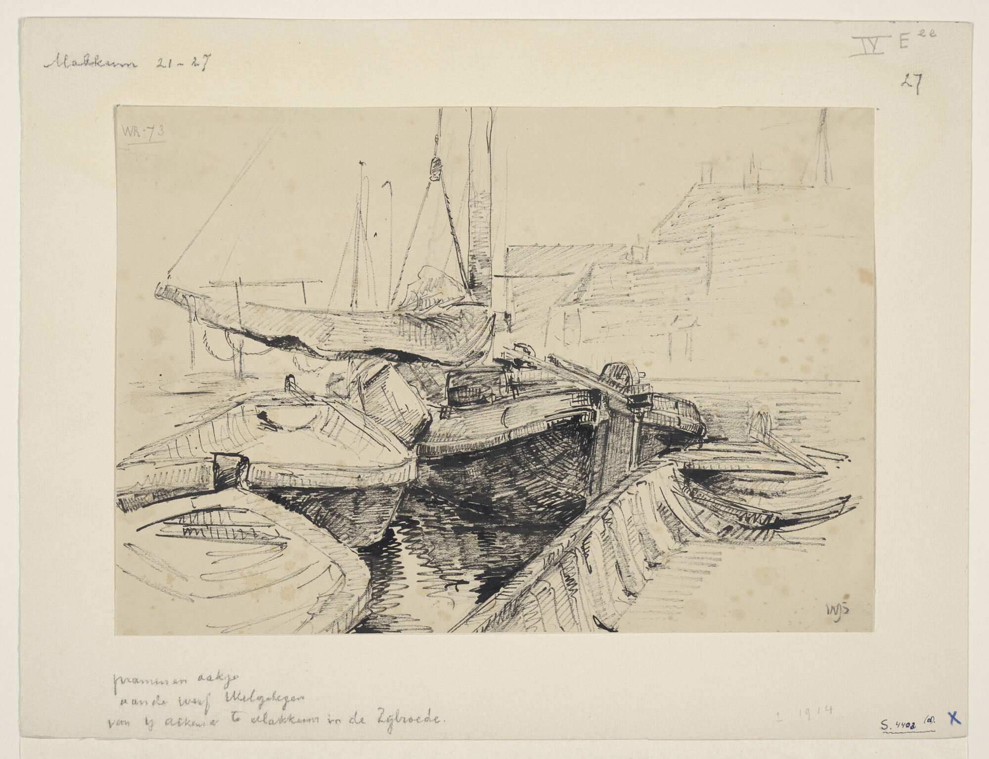 S.4403(d); Pramen en aakje aan de werf 'Welgelegen' van Y. Alkema te Makkum; tekening