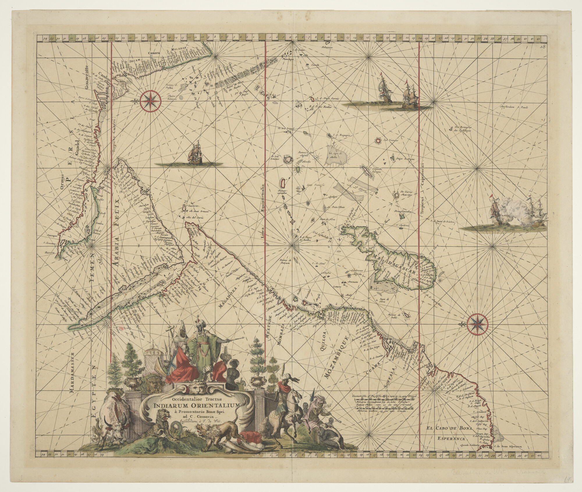 A.0145(211)071; Met de hand gekleurde kaart van het westelijk deel van de Indische Oceaan; zeekaart