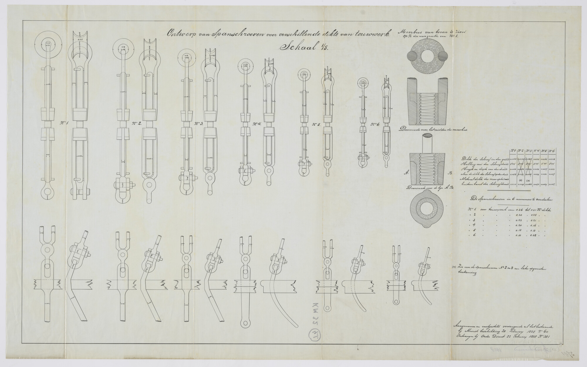 S.2175(4681); Spanschroeven voor verschillende dikte van touwwerk; technische tekening