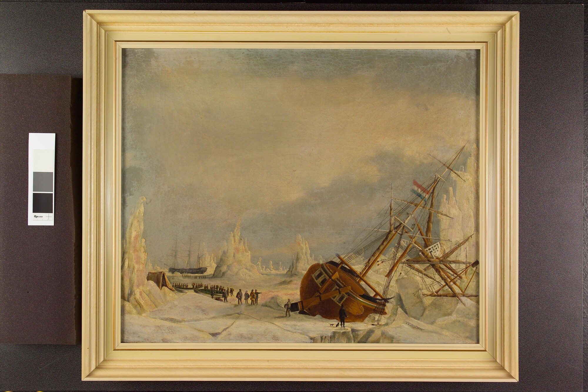 2005.1543; Het galjootschip Harlingen in het ijs in Straat Davis, 1826; schilderij