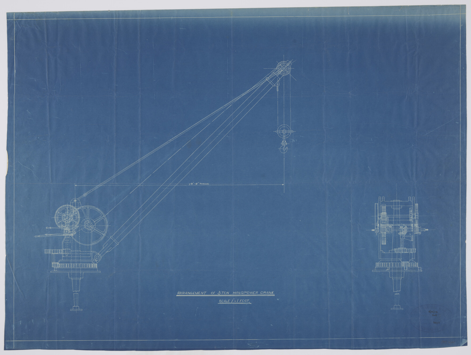 1995.4705; Handgedreven kraan van een motorlichter; technische tekening