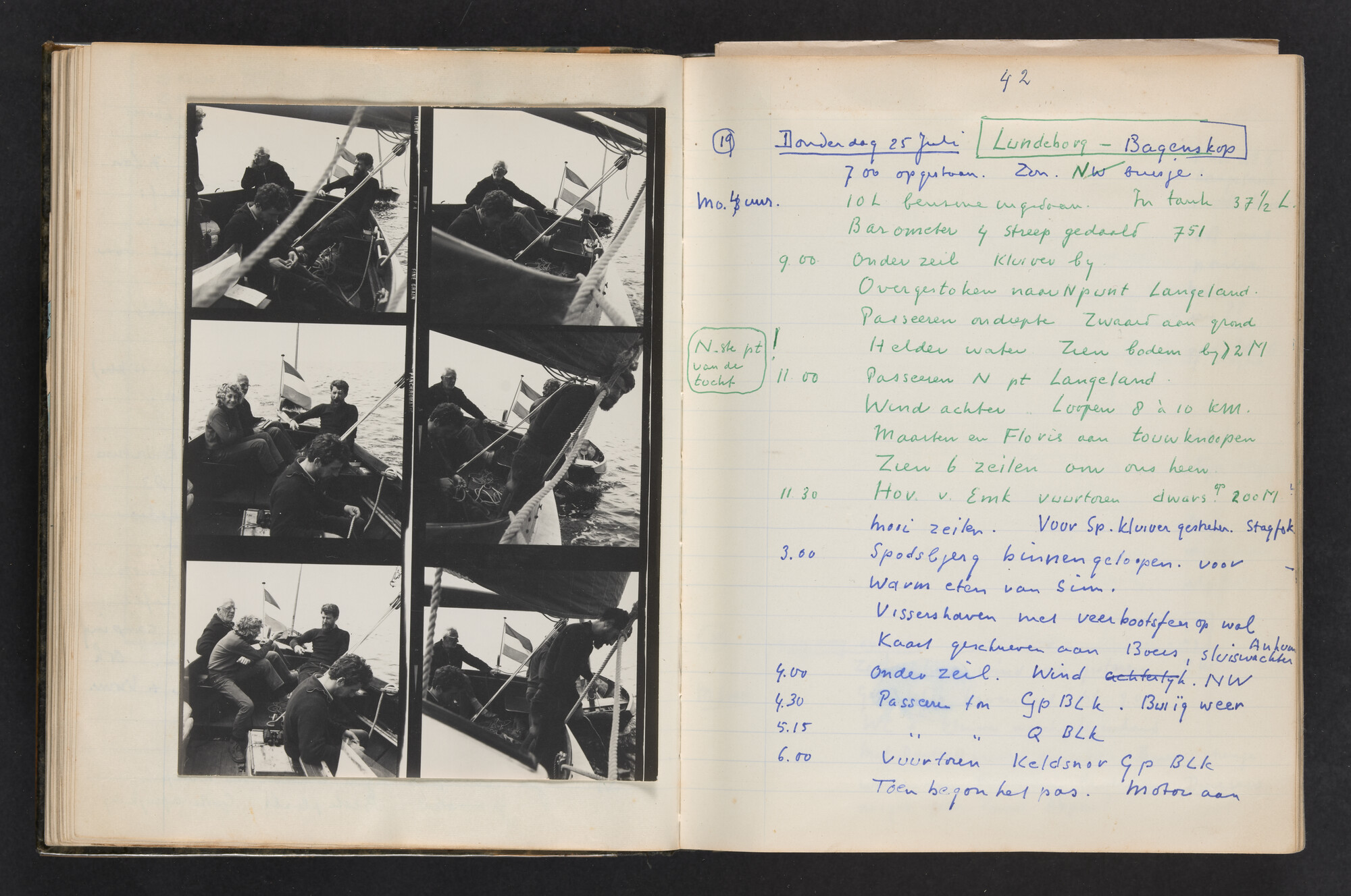 2017.0802; Logboek c.q. fotoalbum van reizen met zeeschouw Grutto (II) in Nederland, Duitsland en Denemarken, 1973-1974; logboek