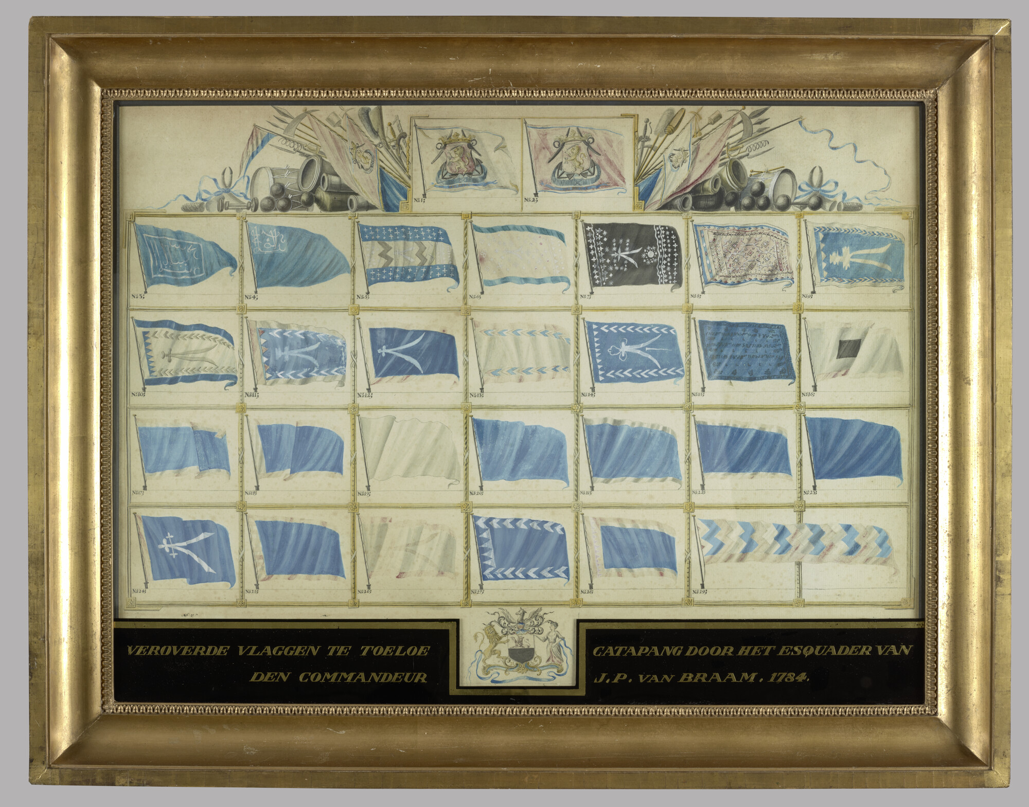 S.0585(04); Afbeelding van de 29 vlaggen, veroverd door het eskader van Van Braam; tekening
