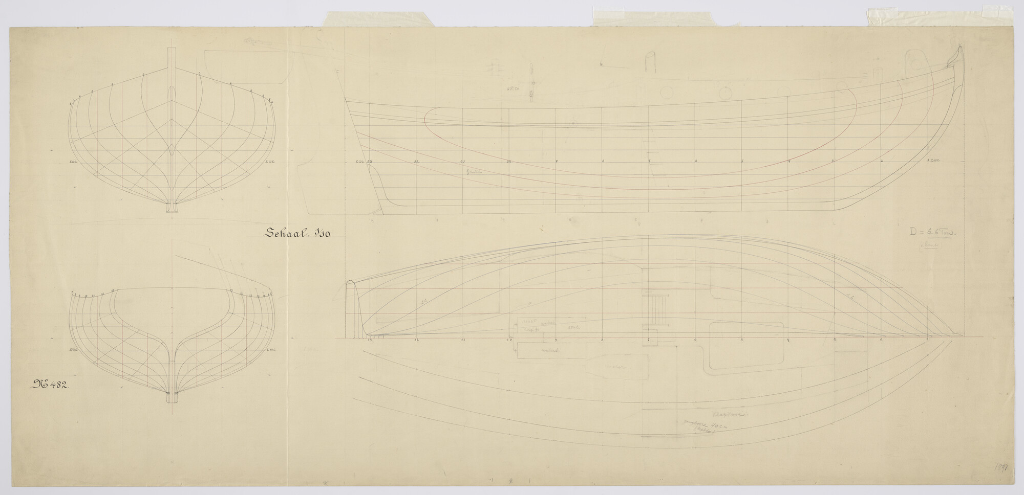 2012.0540; Lijnenplan van een schoener van 10 meter; technische tekening