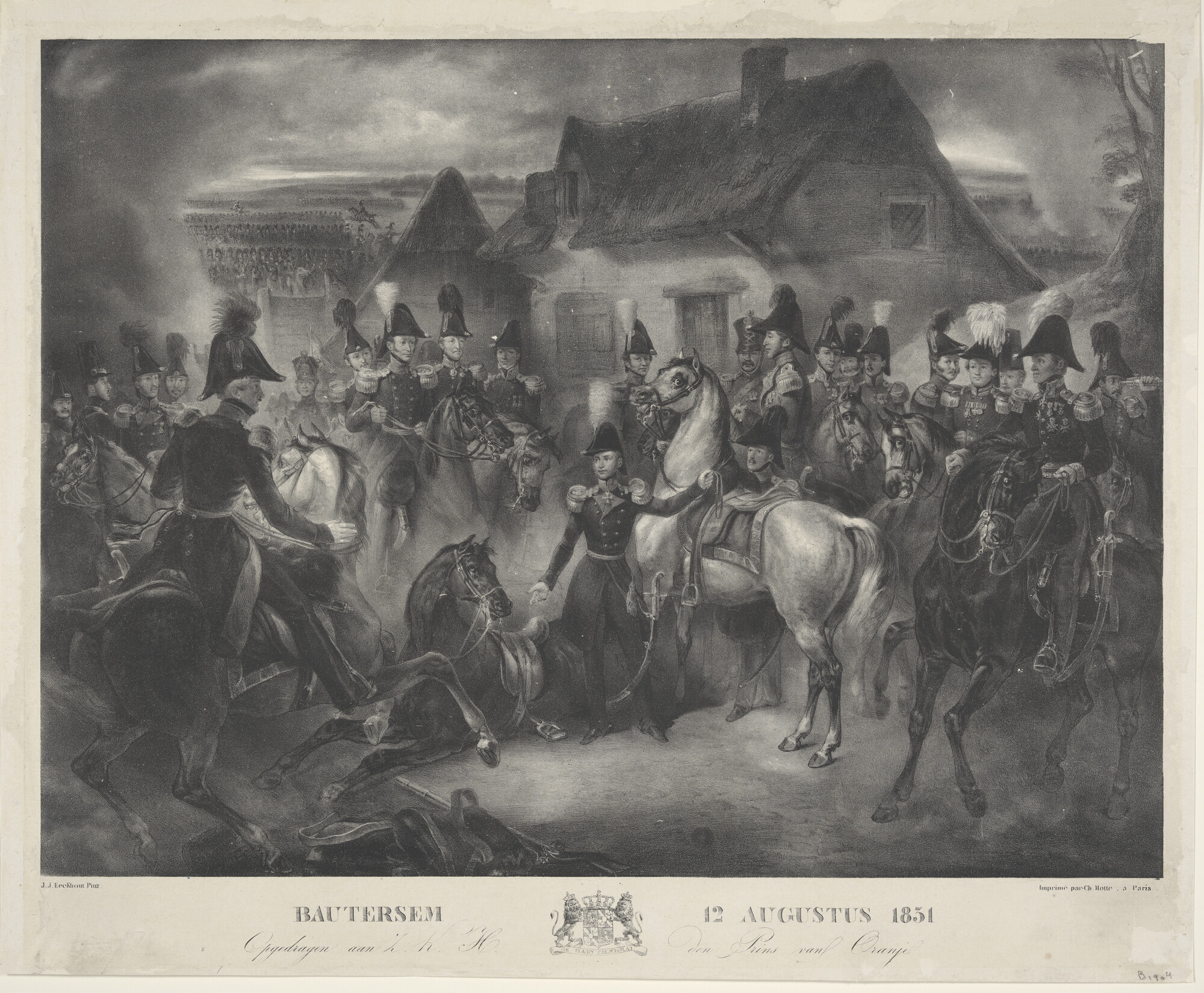 B.0190(04); Het verwonden van het paard van de Prins van Oranje bij Bautersem; prent
