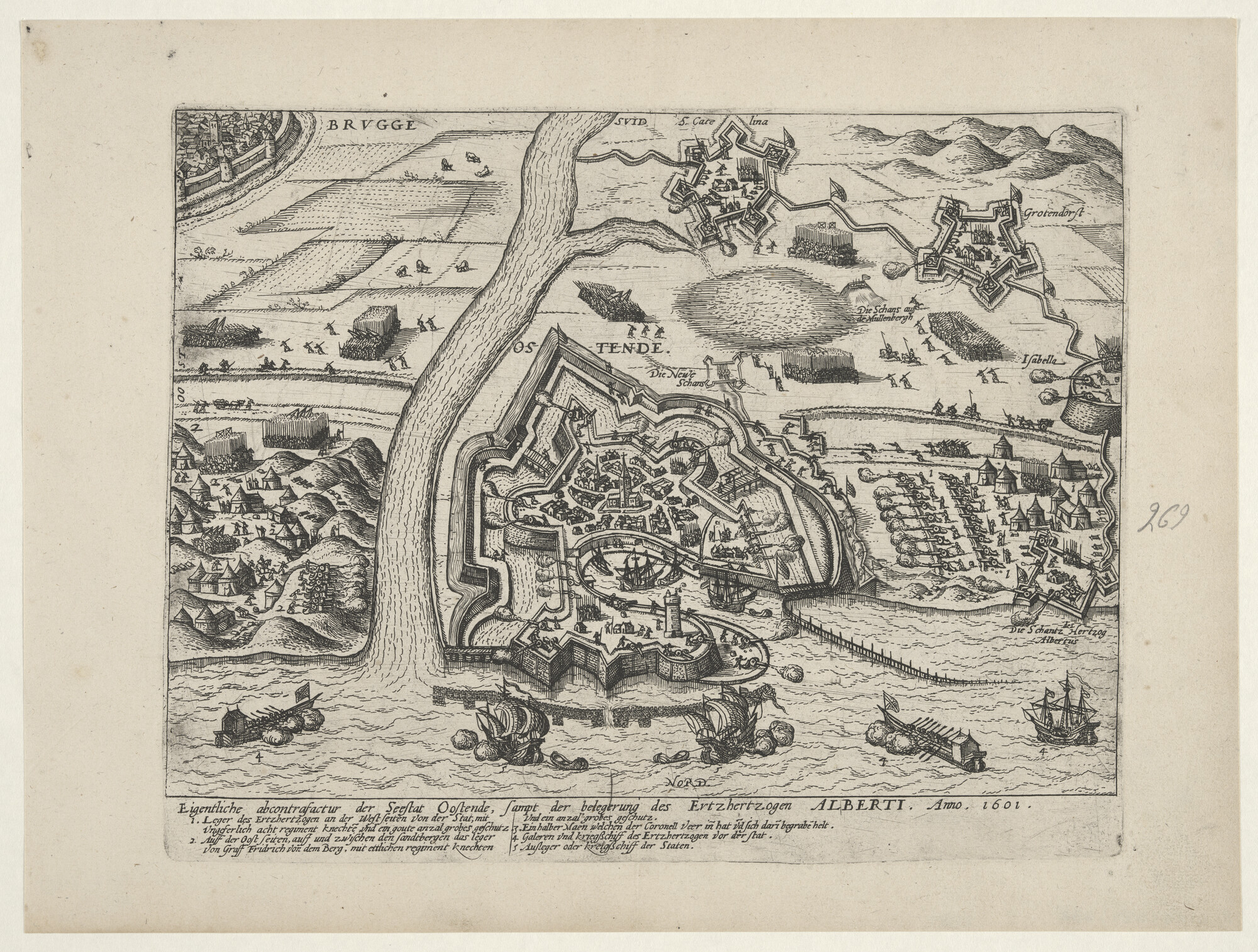 A.0145(027)332; Kaart van Oostende en omgeving, tijdens de belegering door Albertus van Oostenrijk, 1601; prent