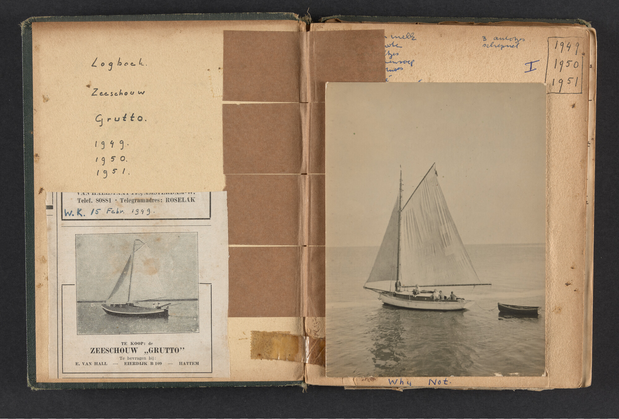 2017.0790; Logboek c.q. fotoalbum van reizen met zeeschouw Grutto in Nederland, 1949-1951; logboek