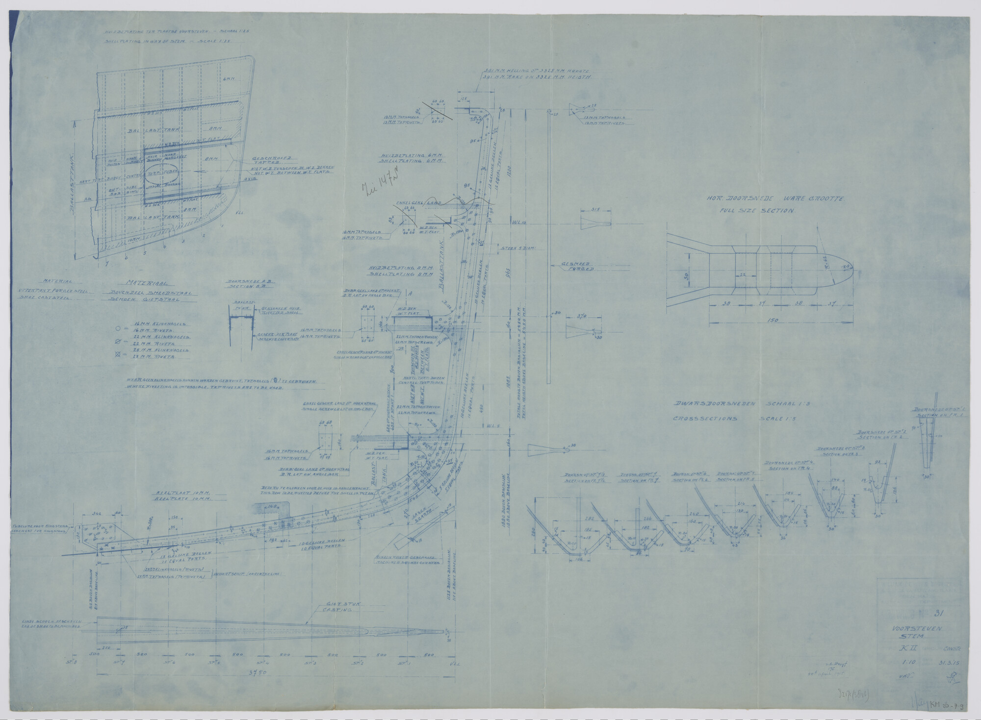 S.2175(3836); Voorsteven van de onderzeeboot  Hr.Ms. 'K II'.; technische tekening