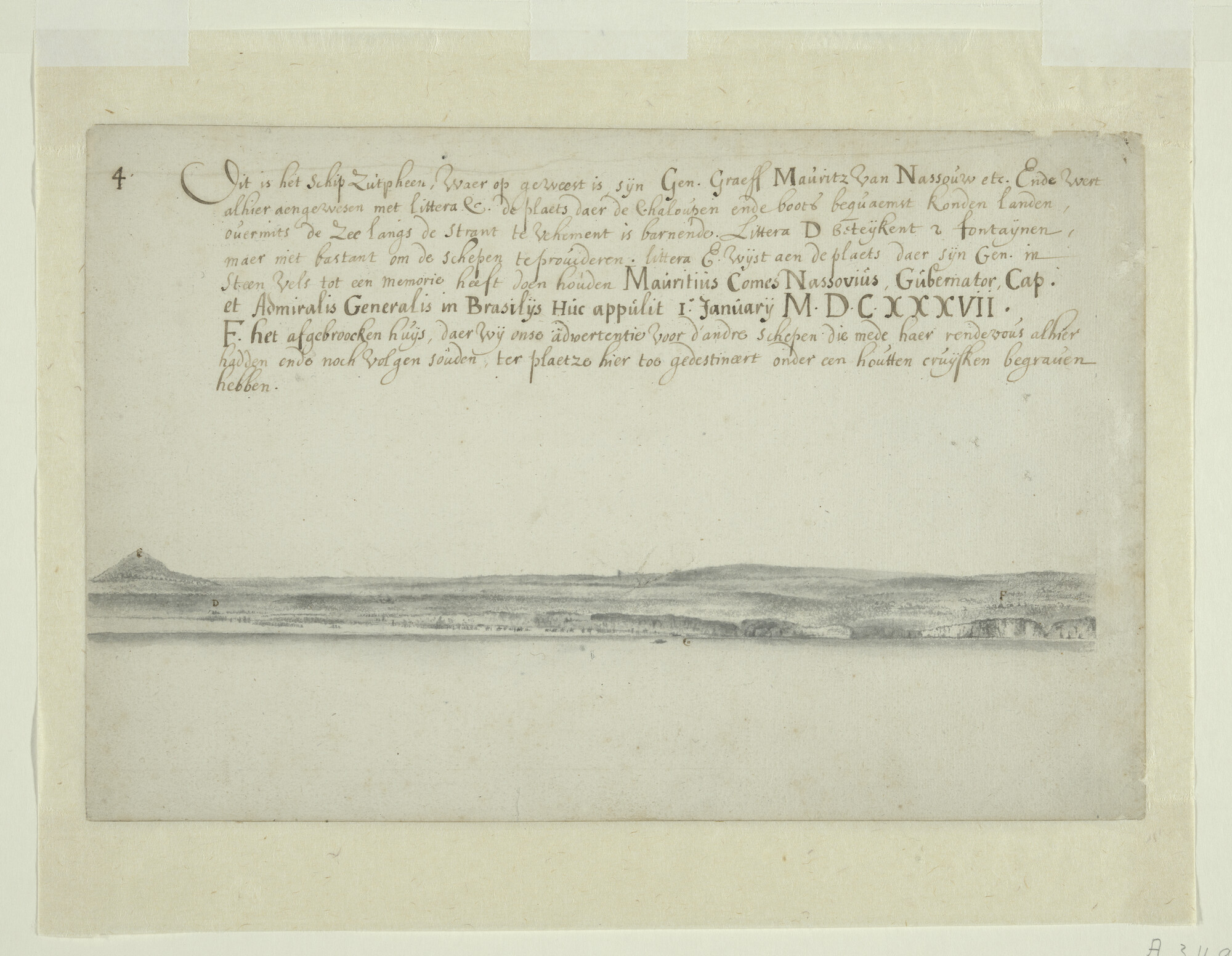 A.3490(03); Deel van een landverkenning van het eiland Maio, één der Kaapverdische Eilanden, vervaardigd tijdens de reis van Johan Maurits van Nassau naar Brazilië; tekening