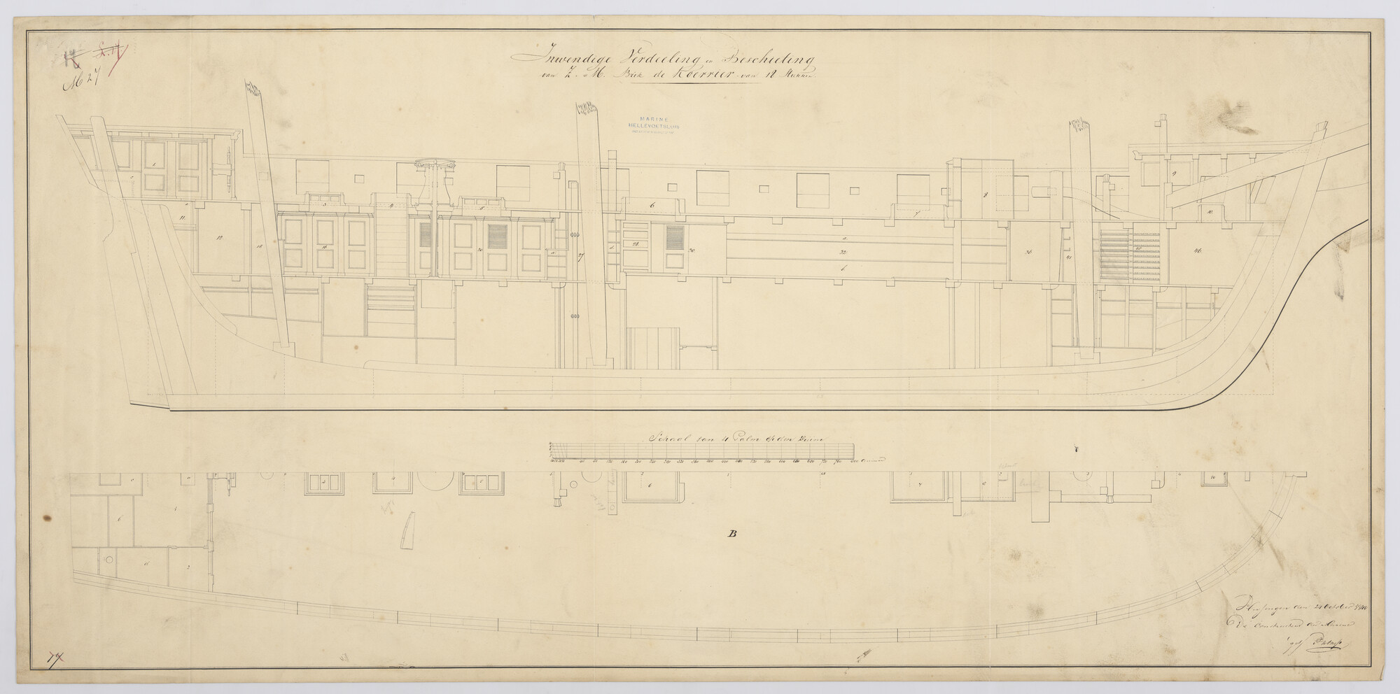 S.1214(0188)b; Indelingsplan van de brik Zr.Ms. 'Koerier' van 18 stukken; technische tekening