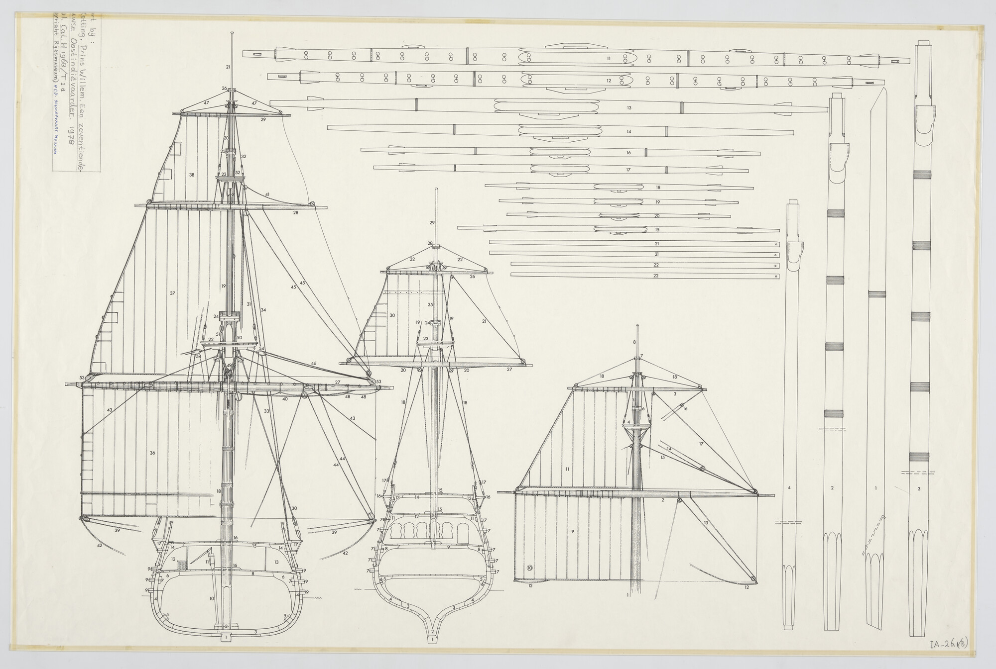 A.5580(02); Reconstructie tekeningen 'Prins Willem': ZZ, dwarsdoorsnede, tuig en rondhout; technische tekening