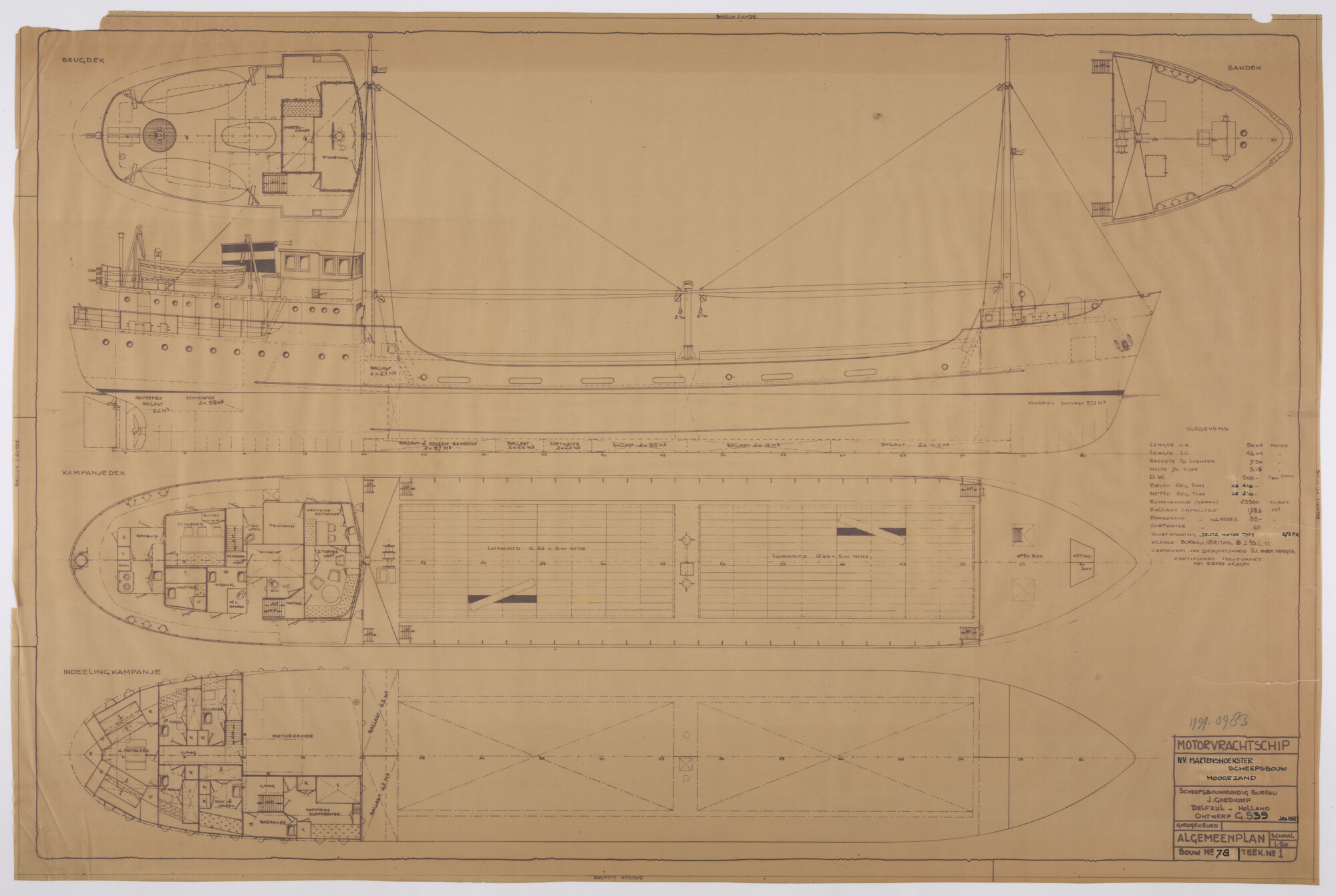 1999.0983; Algemeen plan van een motorvrachtschip; technische tekening