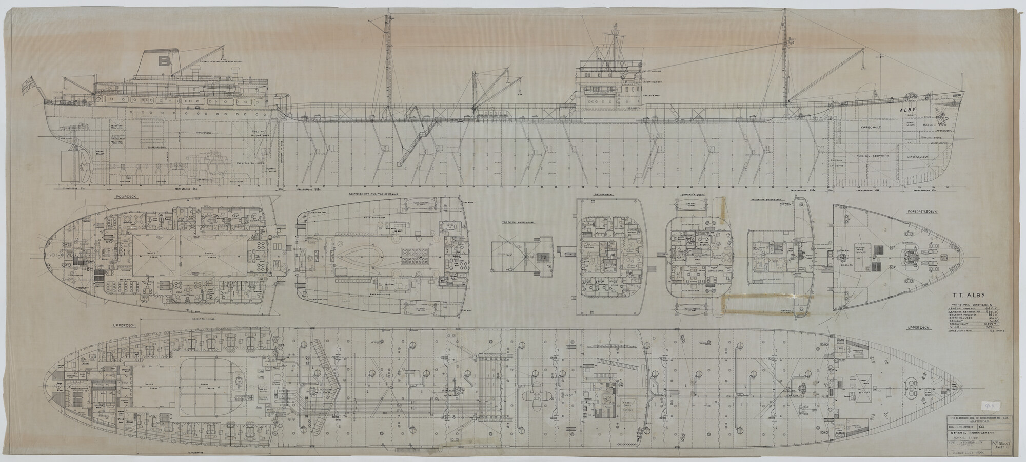 S.5444(195.05); Algemeen plan van de Noorse tanker ss. 'Alby'; technische tekening