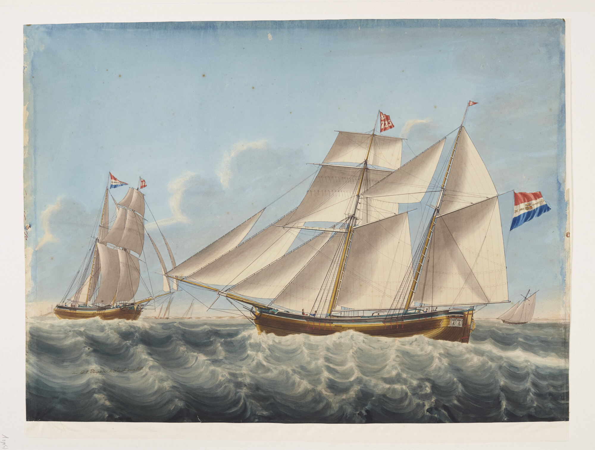 A.0037(04); Het kofschip 'De Drie Aurelia's' uitzeilende bij Vlieland; tekening