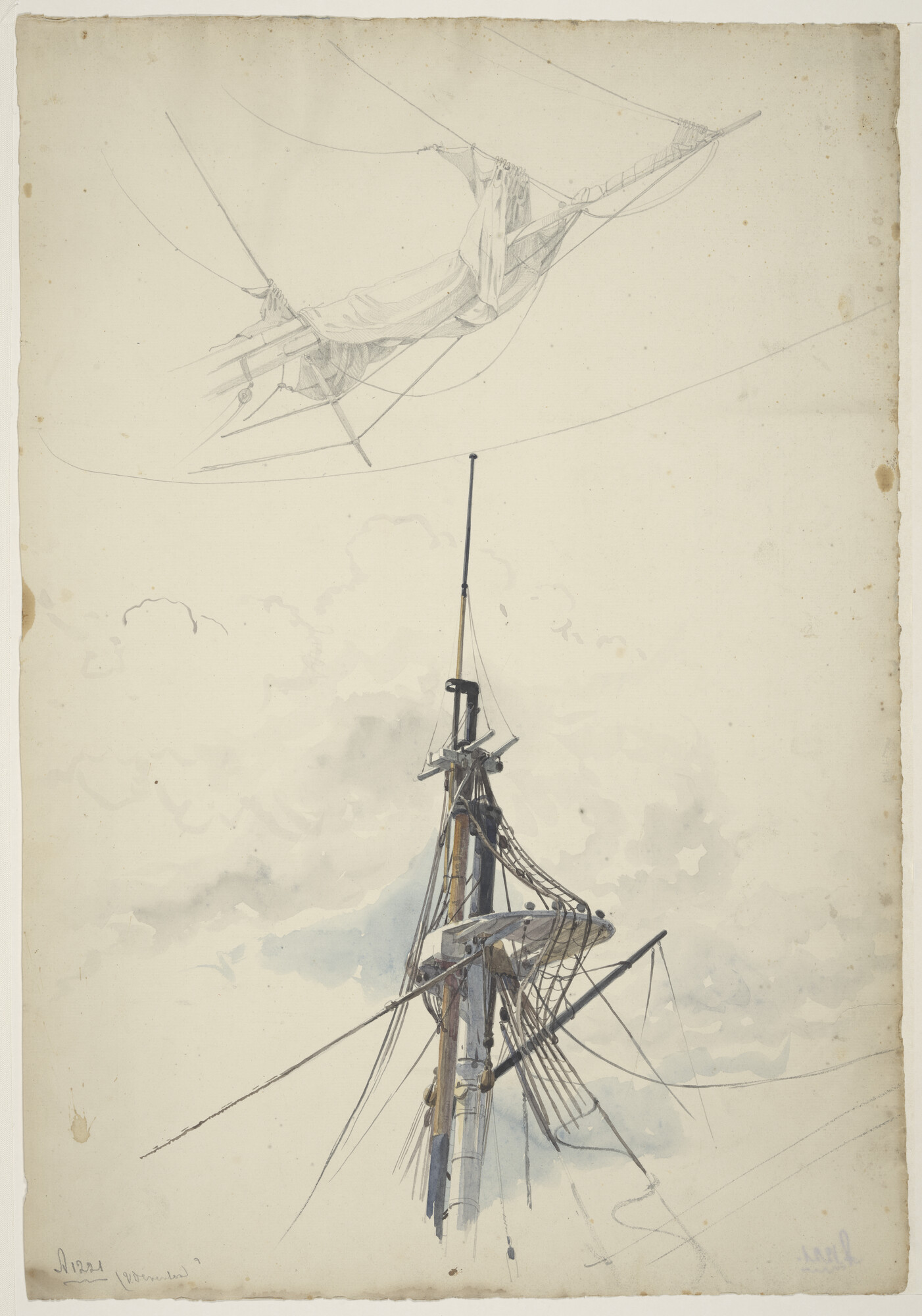 A.1221(07); Een masttop en een boegspriet; tekening