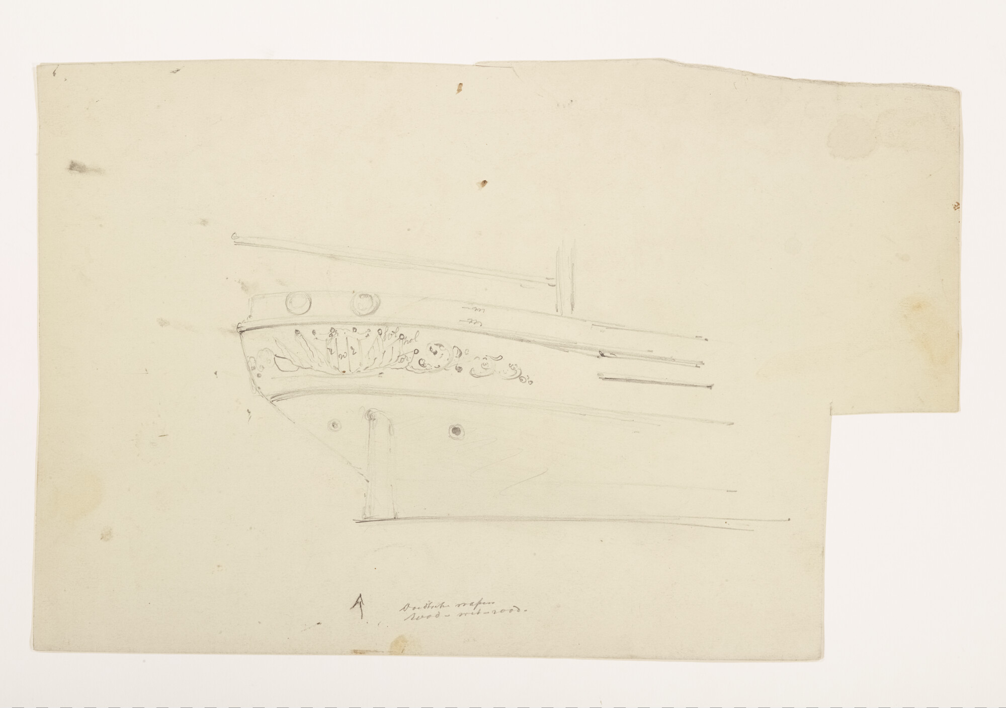 S.3107(07)033; Schets van de boeg van een zeilschip; tekening
