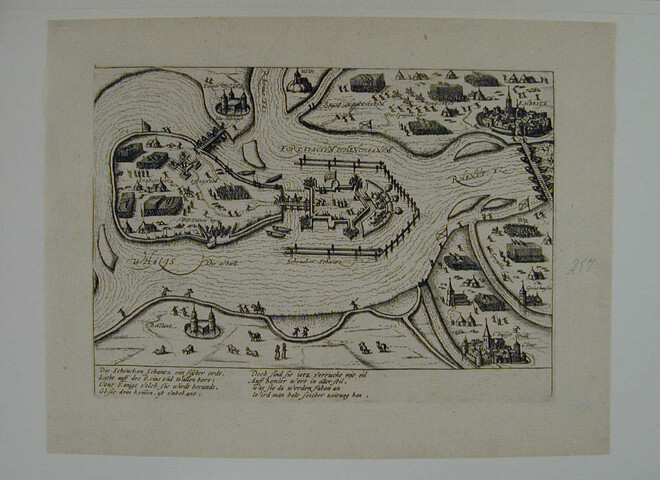 A.0145(027)326; Schenkenschans, op de splitsing van Rijn en Waal, door de Spanjaarden, april 1599; prent