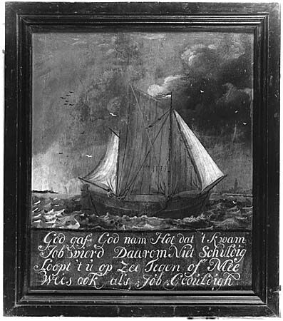 RB.0737(02); Beschilderd paneel met afbeelding van een binnenvaartschip bij een kust; schilderij