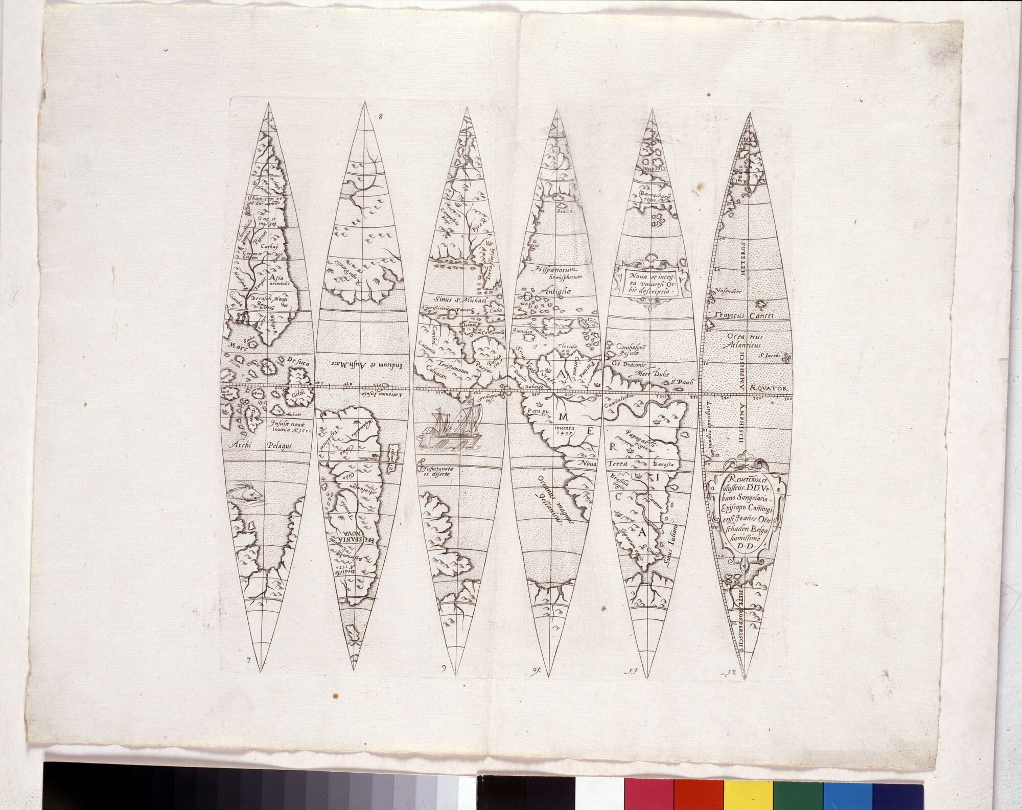 A.1673(01); Segmenten van de aardglobe met horizonring, door Joannes Oterschaden, circa 1600; globesegment