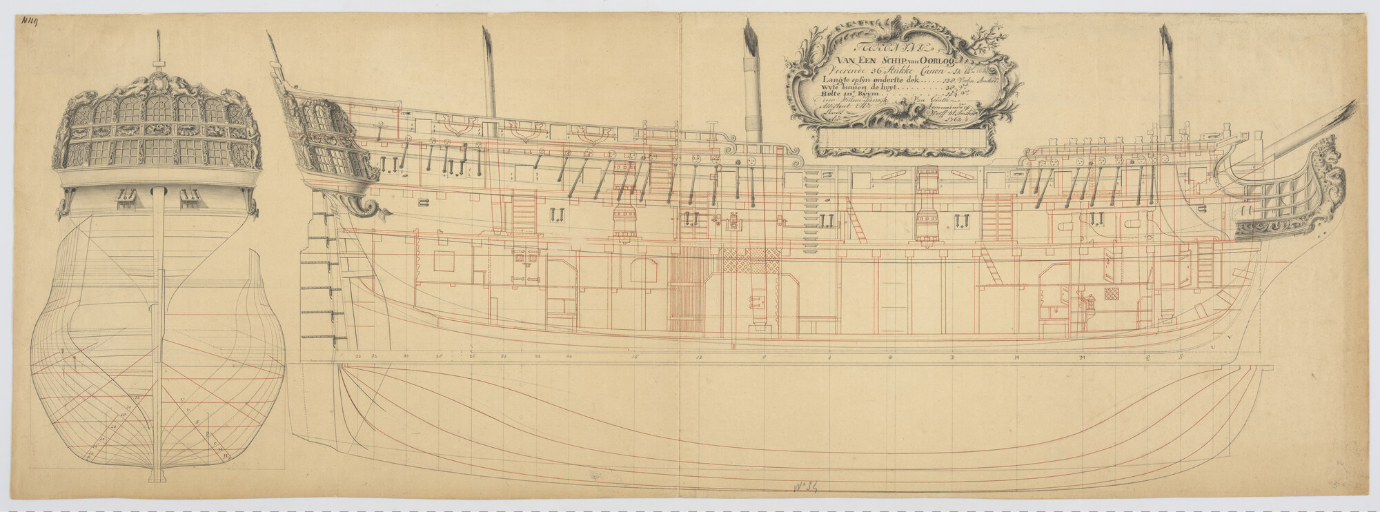 A.0149(0896)a; Algemeen plan met lijnentekening van een oorlogsschip van 36 stukken; technische tekening
