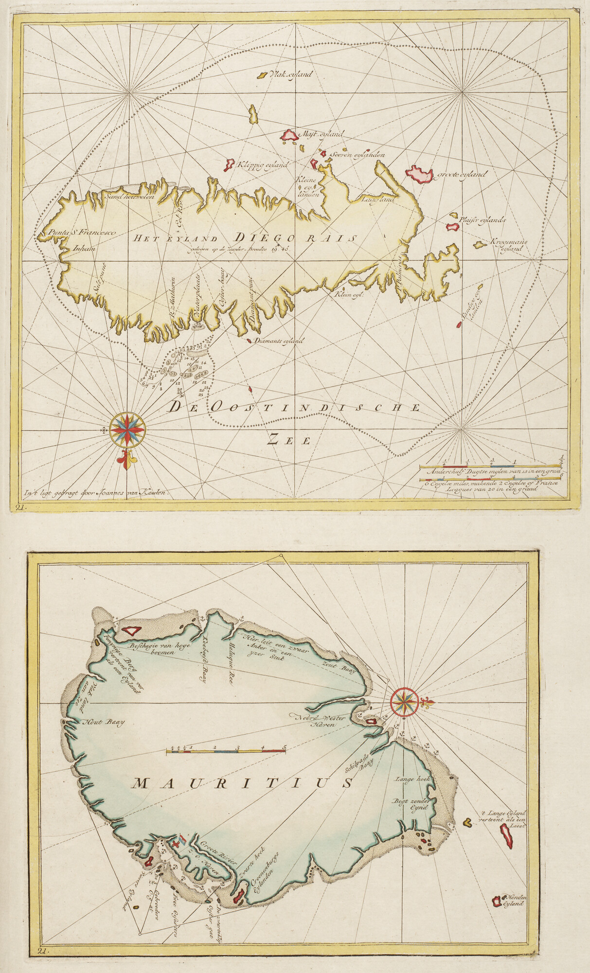 B.0032(109)6 [kaart 058]; Boven: zeekaart van het eiland van Rodriguez. Onder: van het eiland Mauritius; zeekaart