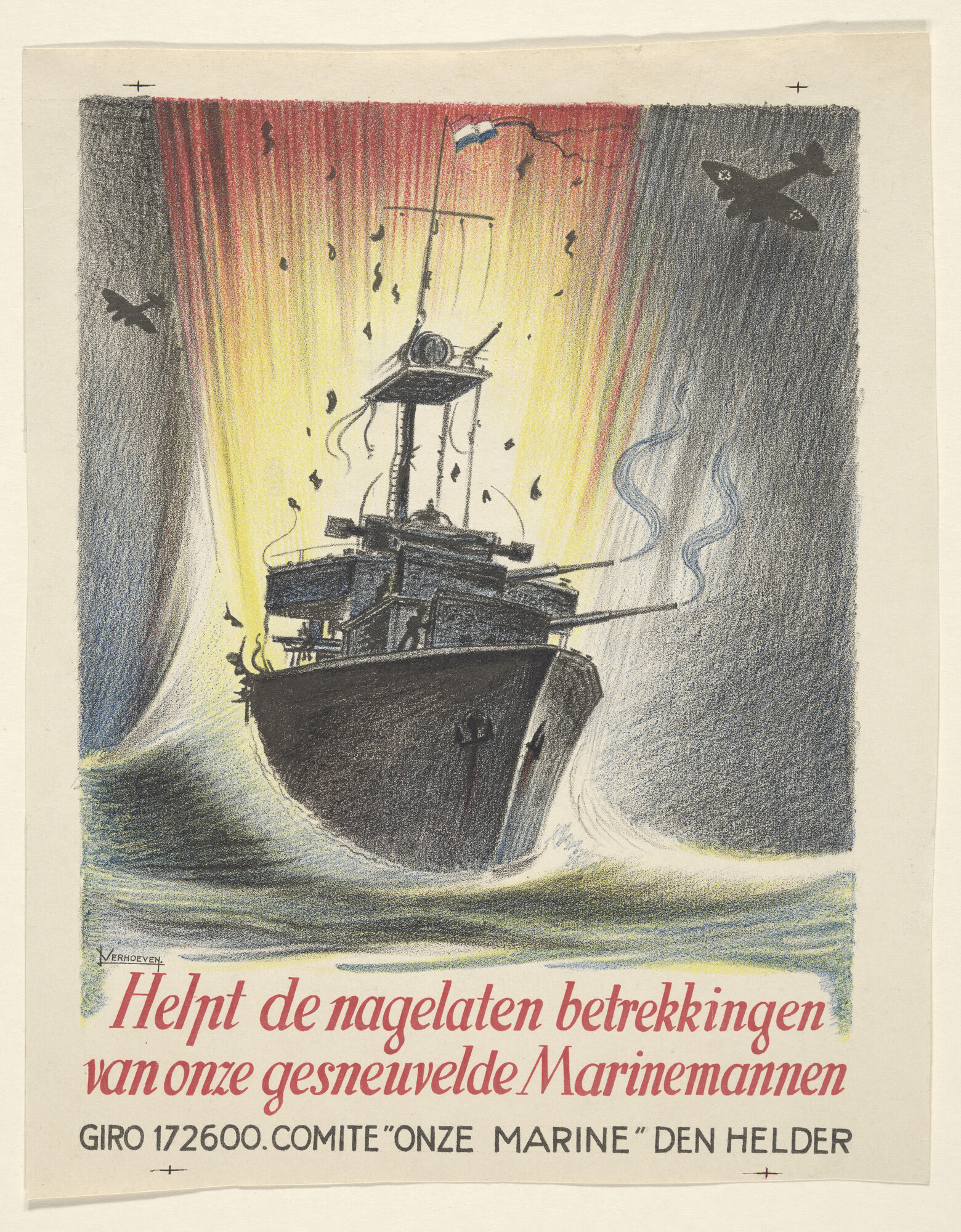 [vrl.nr. 01890]; Helpt de nagelaten betrekkingen van onze gesneuvelde Marinemannen; tekening