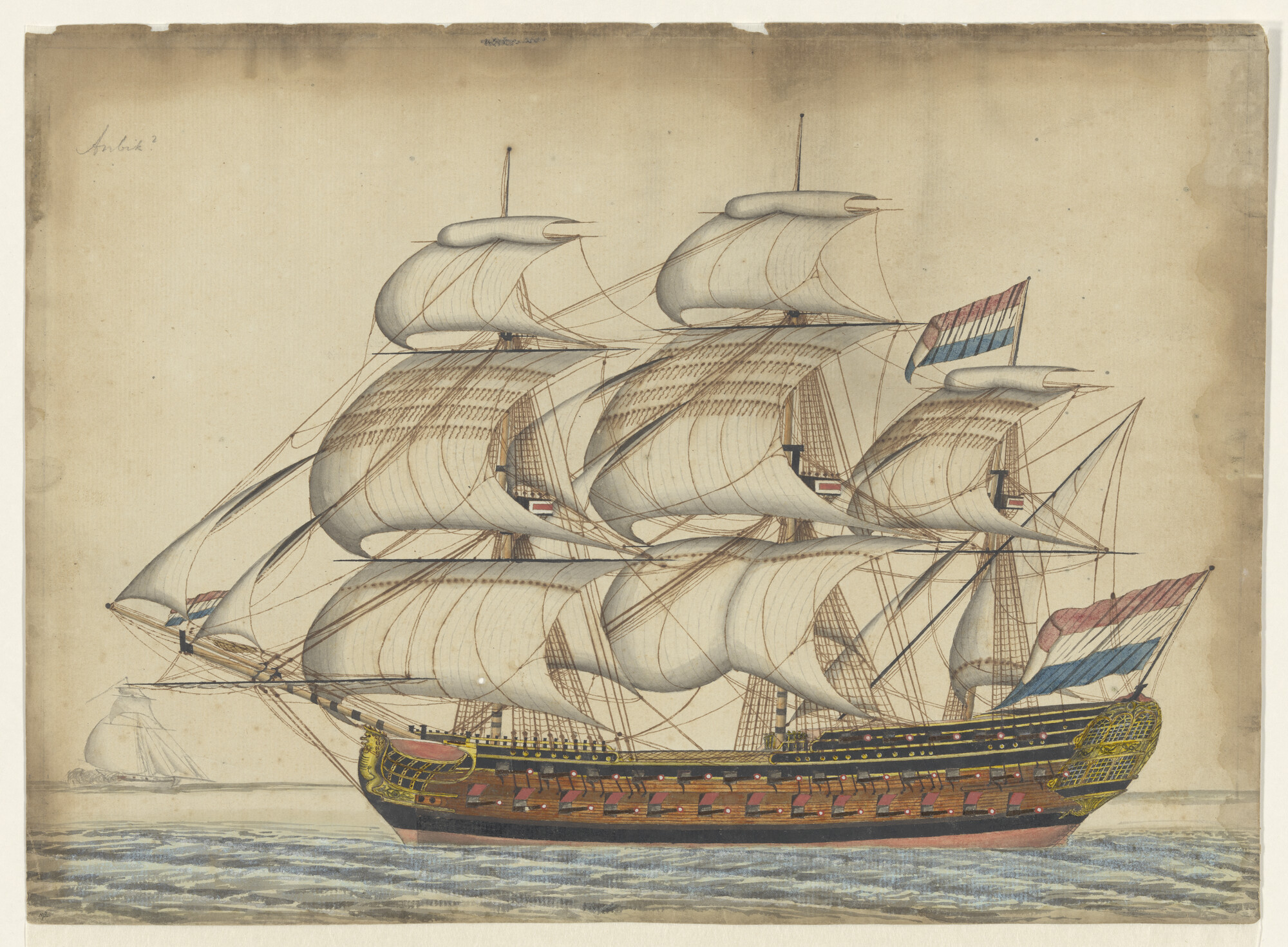 A.0149(0411); Een fregatschip met alle zeilen bij; tekening