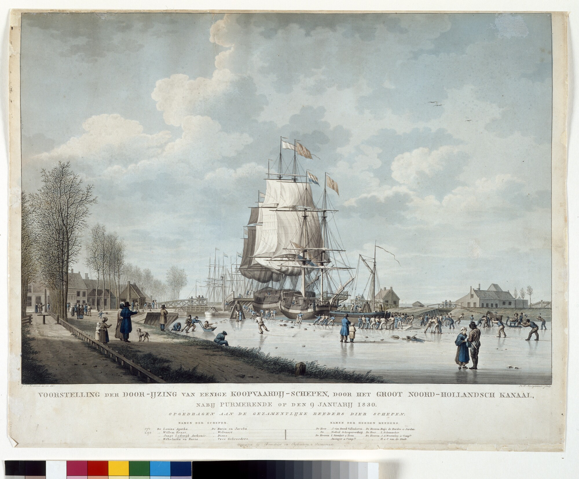 A.3580; Het door-ijzing van enige schepen door het Groot- Noord-Hollands Kanaal, 1830; prent