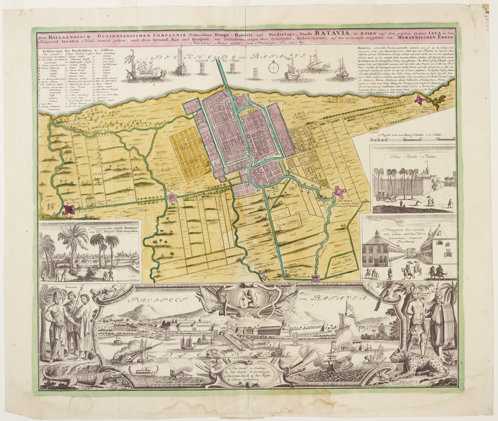 A.3069(02); Met de hand gekleurde plattegrond en aanzichten van Batavia en van (VOC) gebouwen; landkaart