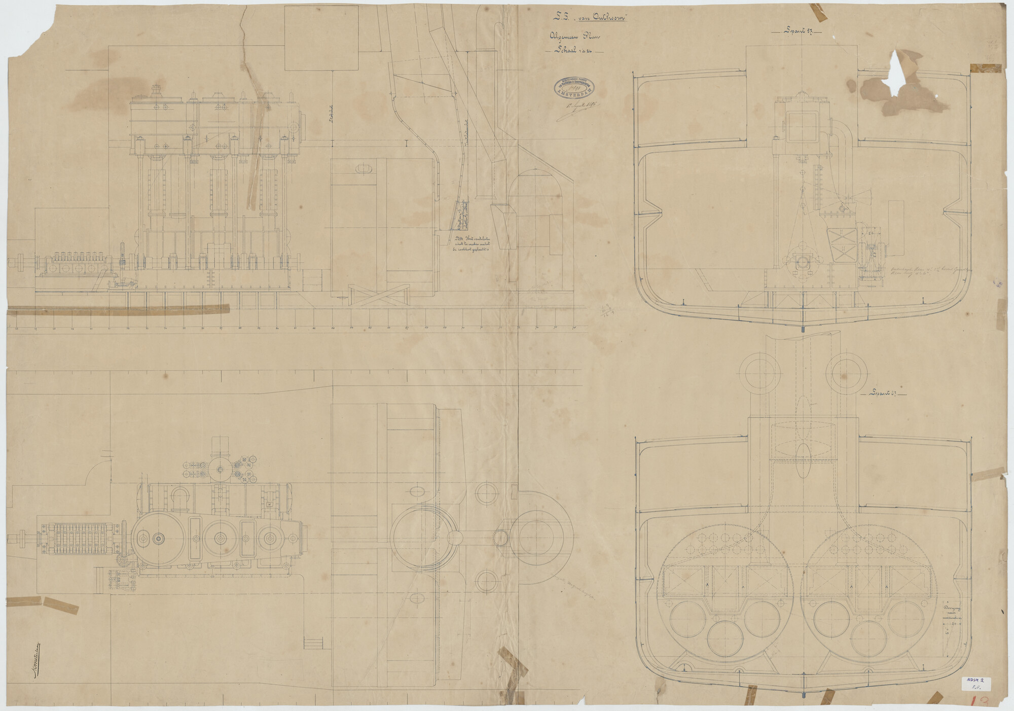 S.5444(002.08); Algemeen plan, machinekamer en ketelruim van het vracht- en passagiersschip [...]; technische tekening