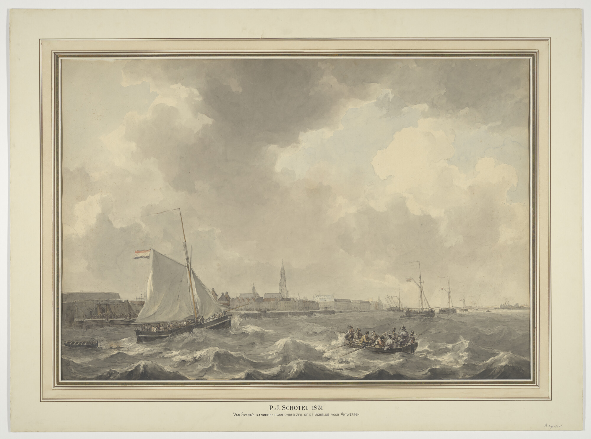 A.0952(02); De kanonneerboot van luitenant ter zee J.C. van Speyk onder zeil op de rede van Antwerpen; tekening