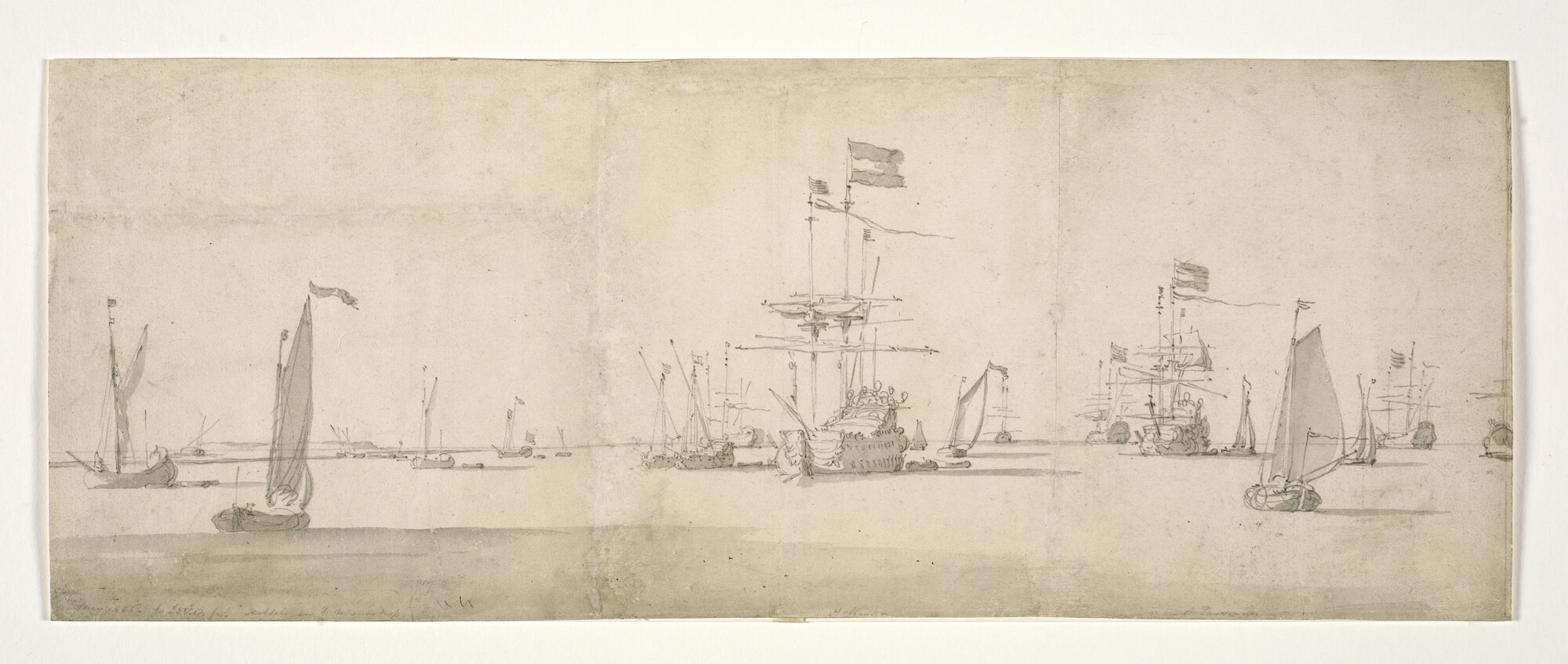 A.3593(01); Twee oorlogschepen in het Nieuwe Diep; tekening