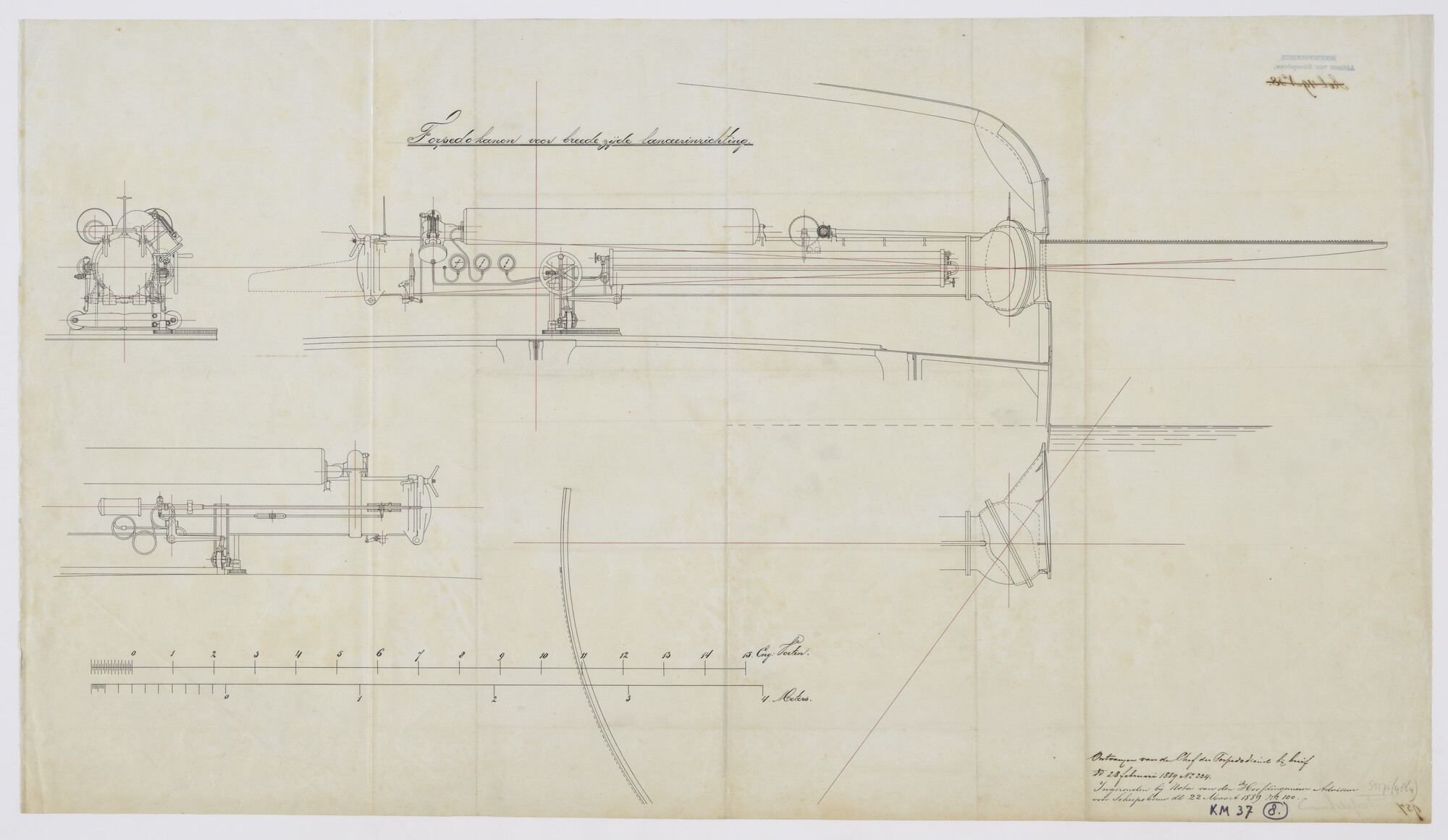 S.2175(4864); Doorsneden van een torpedokanon voor brede zijde lanceringen; technische tekening