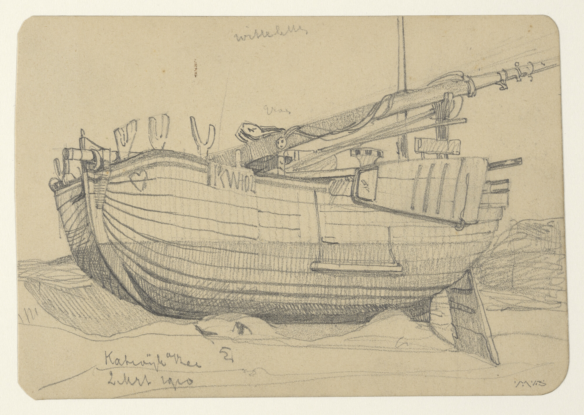 A.2606(01)03; Het bomschip 'KW 102' op het strand in Katwijk aan Zee; tekening