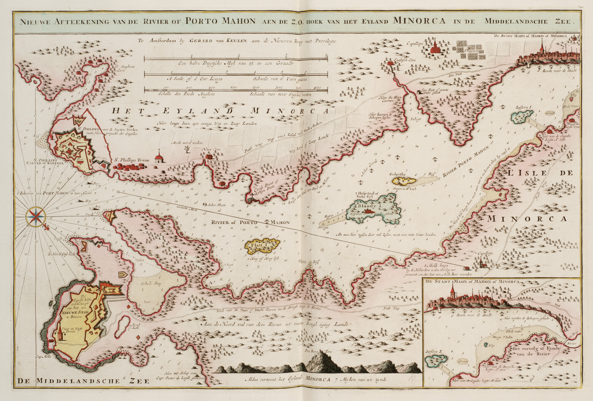 B.0032(109)2 [kaart 128]; Kaart van de haven van Port Mahon, met een inzetkaart van de stad Mahon op; kaart