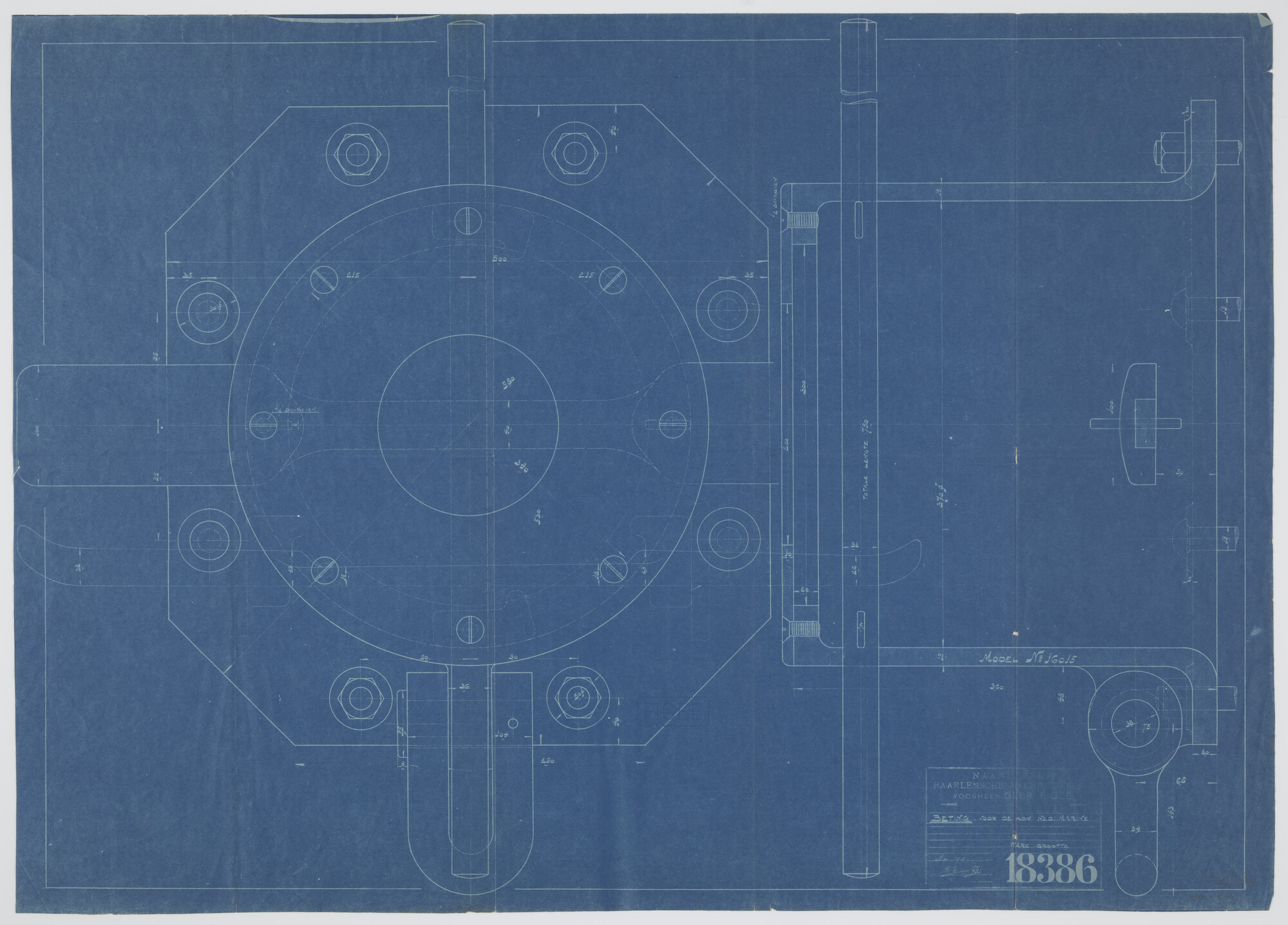 S.2175(3661); Horizontale en verticale doorsnede van de beting aan boord van de torpedobootjagers Hr.Ms. 'Vos' en Hr.Ms. 'Panter'.; technische tekening