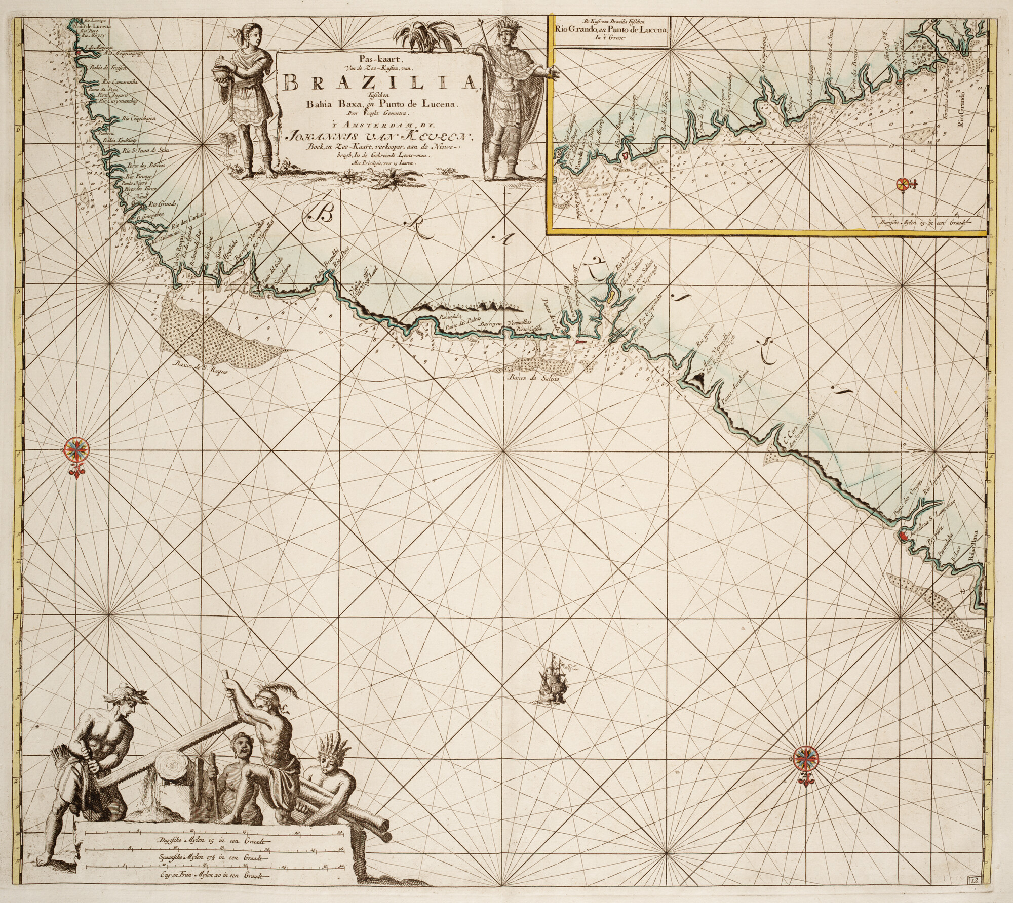 B.0032(109)5 [kaart 029]; Zeekaart van een gedeelte van de noordoostkust van Brazilië en een inzetkaart; zeekaart
