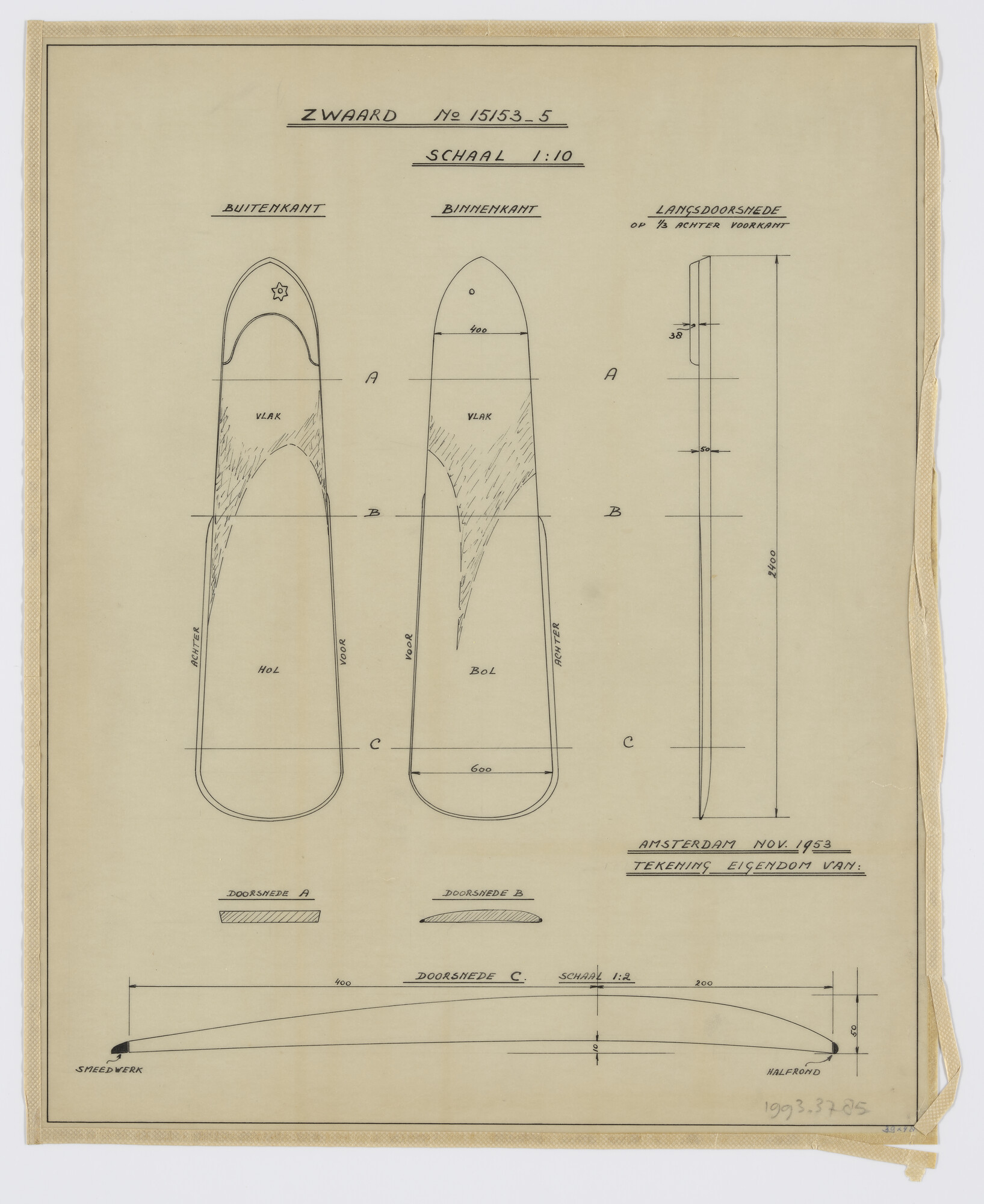 1993.3785; Constructietekening zwaarden van de Tholense schouw 'De Goede Hoop'; technische tekening