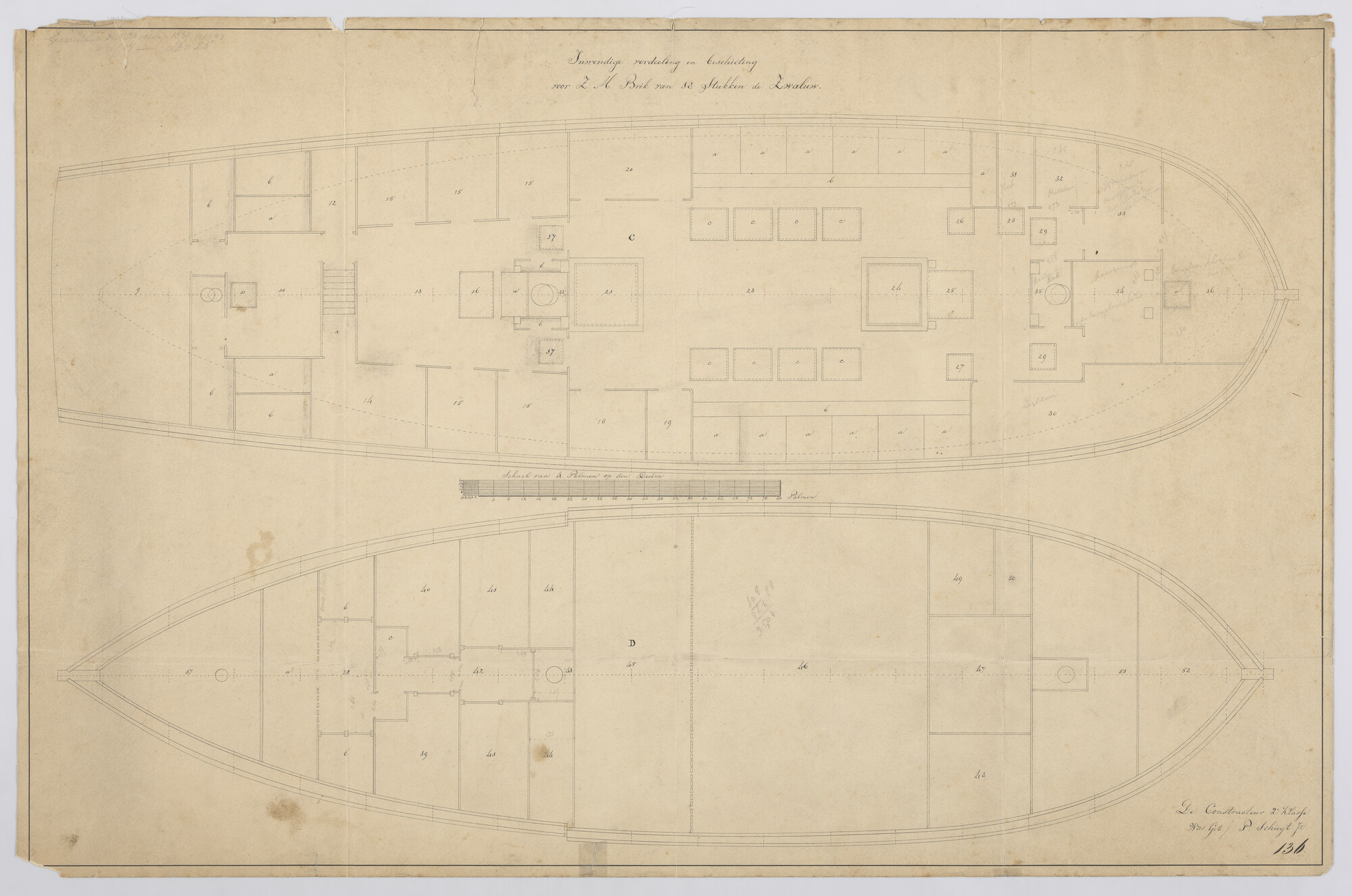 S.1214(0197); Indelingsplan van de brik Zr.Ms. 'Zwaluw' van 18 stukken; technische tekening